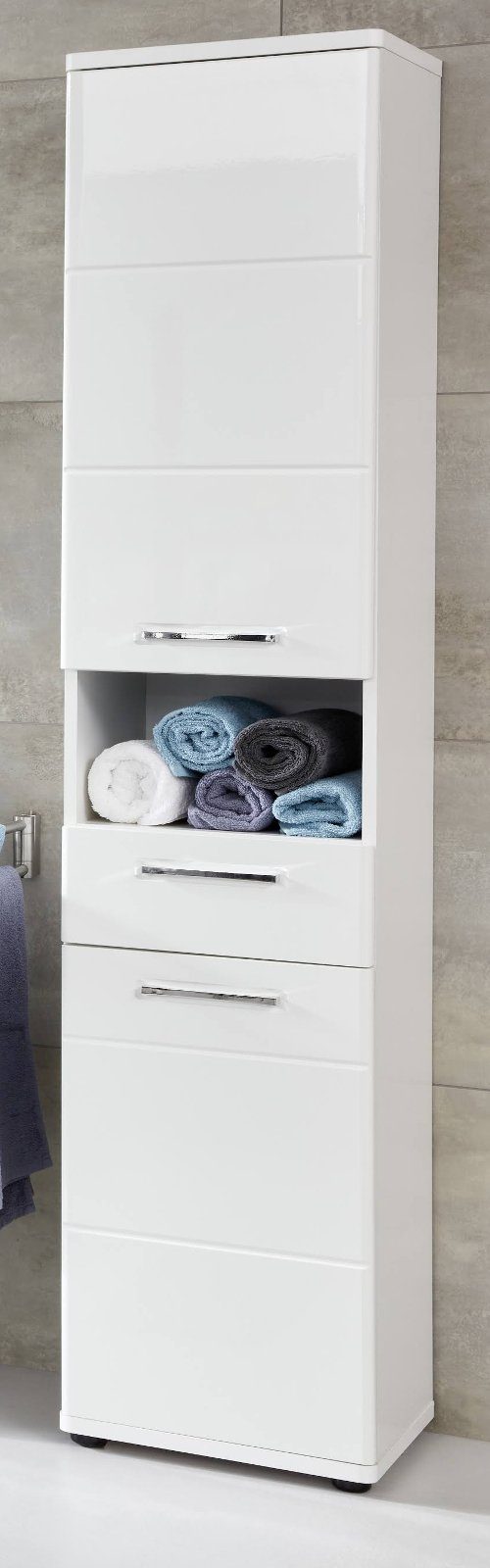 (Badschrank mit Chrom-Griffe 189 weiß Hochglanz, x trendteam cm) Schublade, Hochschrank 2-türig, 37 in Monte