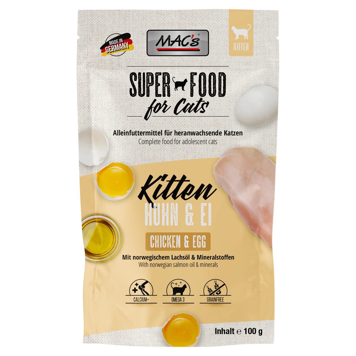 MAC'S Kitten Huhn & Ei 100 g - 12 Stück, Nassfutter für: Katze