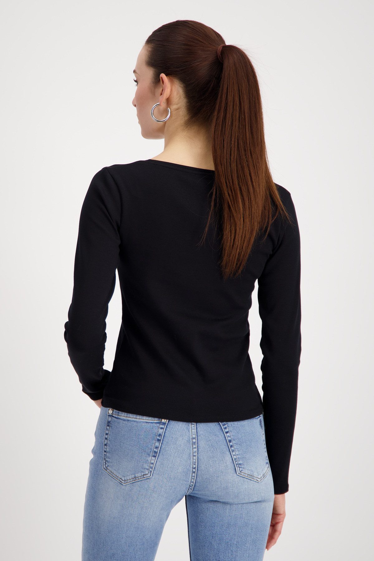 Monari Langarmshirt Shirt Rippe Schmuck Mit weitem Rundhalsausschnitt