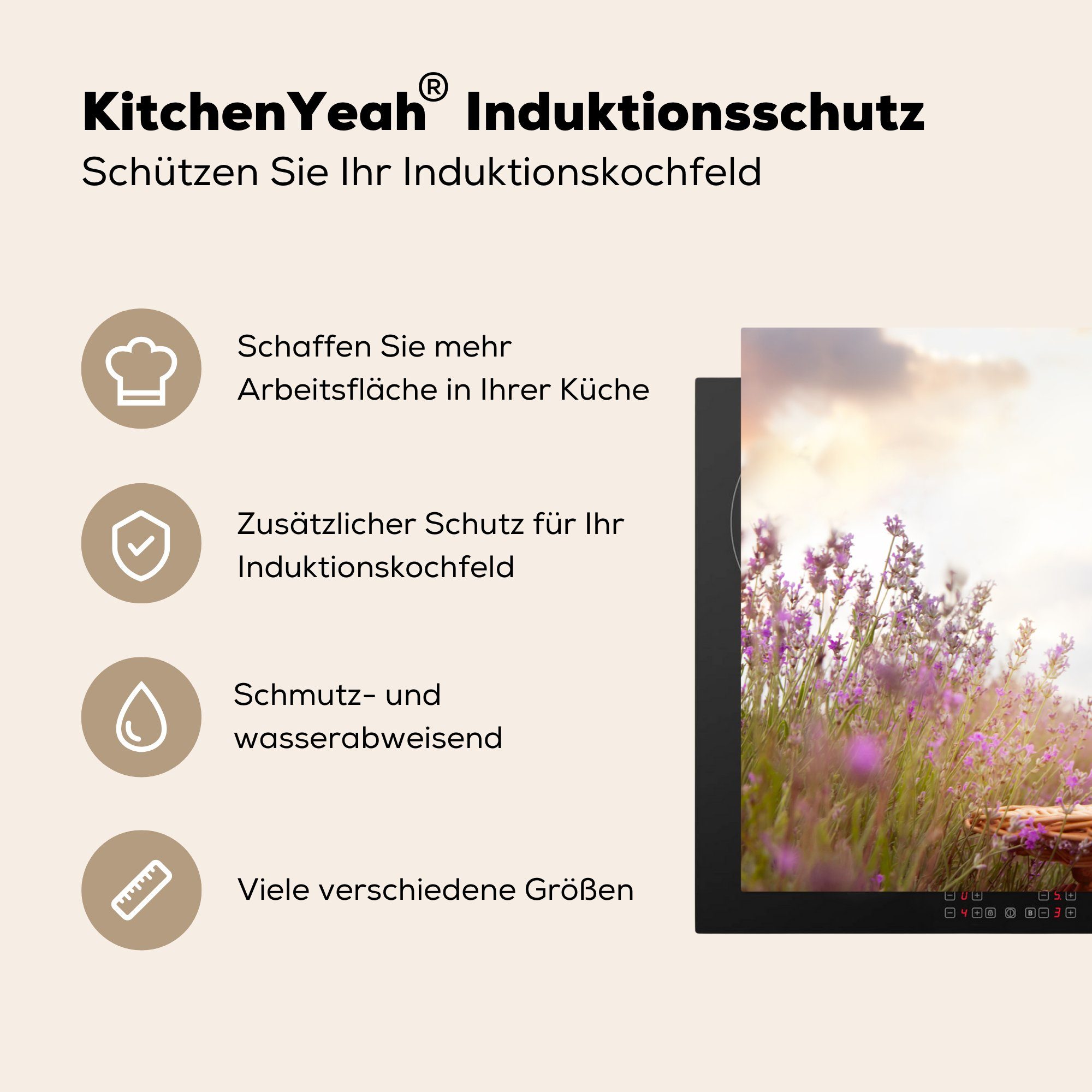 MuchoWow Lavendel Ceranfeldabdeckung küche, (1 Frühling, Schutz Wein - für - Induktionskochfeld die Herdblende-/Abdeckplatte Vinyl, 81x52 tlg), cm,