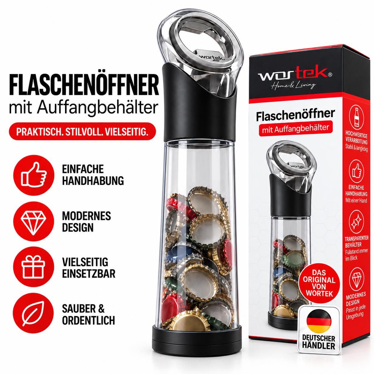 wortek Flaschenöffner Getränkeöffner mit Auffangbehälter Bieröffner (Set, 2-tlg., Flaschenöffner mit Kronkorken Sammler), Geschenk für Männer und Bierliebhaber Biergeschenk