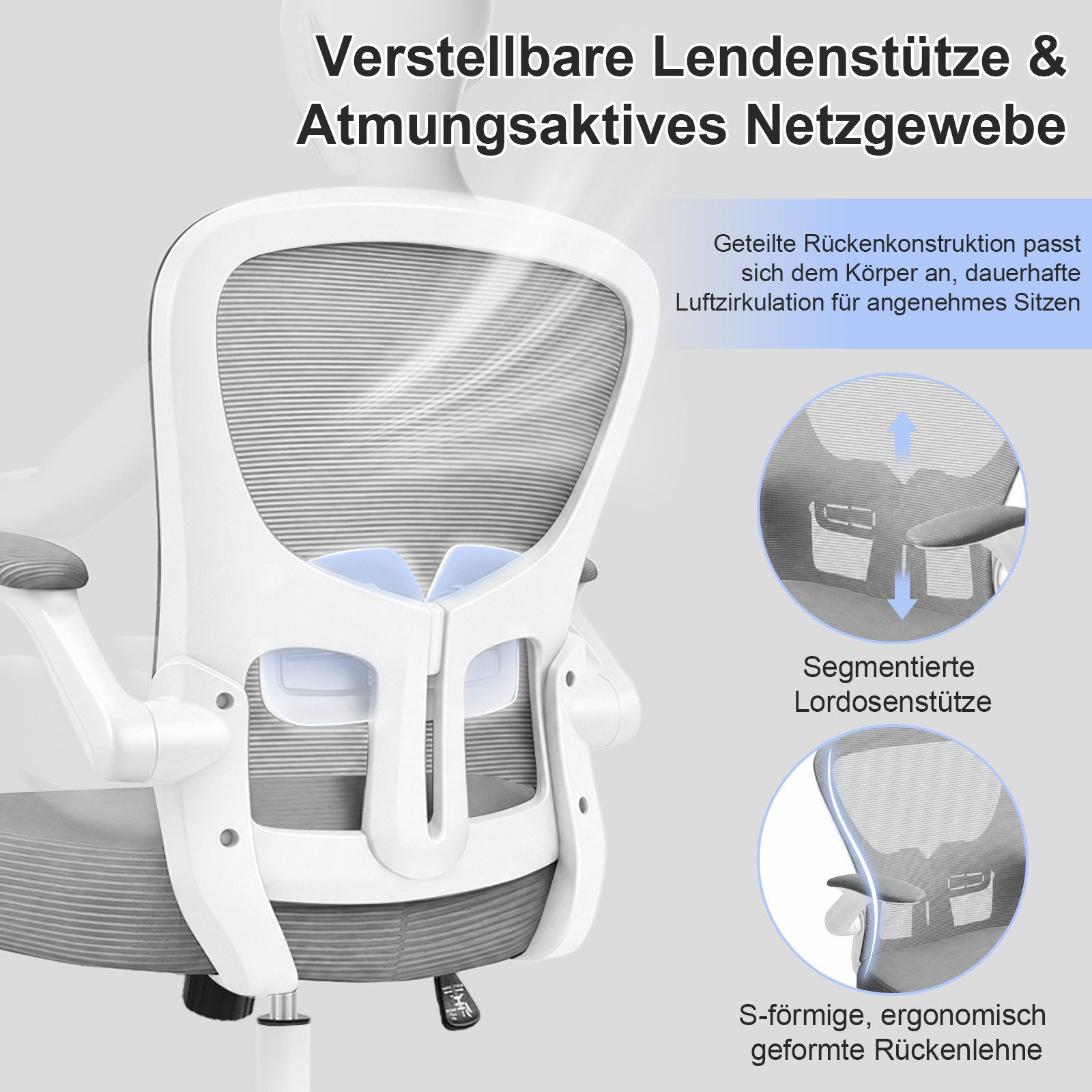 Durrafy Bürostuhl Ergonomischer Bürostuhl,Schreibtischstuhl mit klappbaren Armlehnen (Höhenverstellbarer Drehstuhl mit Wippfunktion bis 130°,Computerstuhl mit verstellbarer Lendenwirbelstütze und leisen Rollen), Chefsessel mit 150 kg Tragfähigkeit