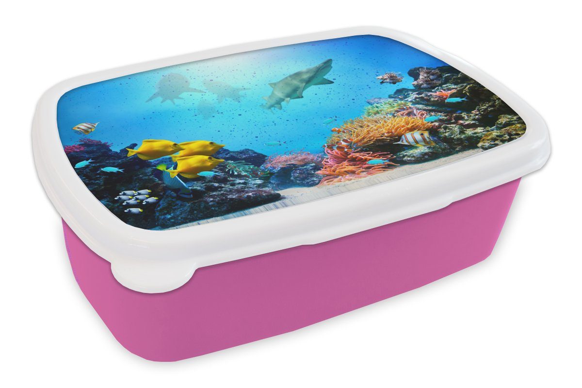 MuchoWow Lunchbox Meer - Fische - Korallen, Kunststoff, (2-tlg), Brotbox für Erwachsene, Brotdose Kinder, Snackbox, Mädchen, Kunststoff rosa