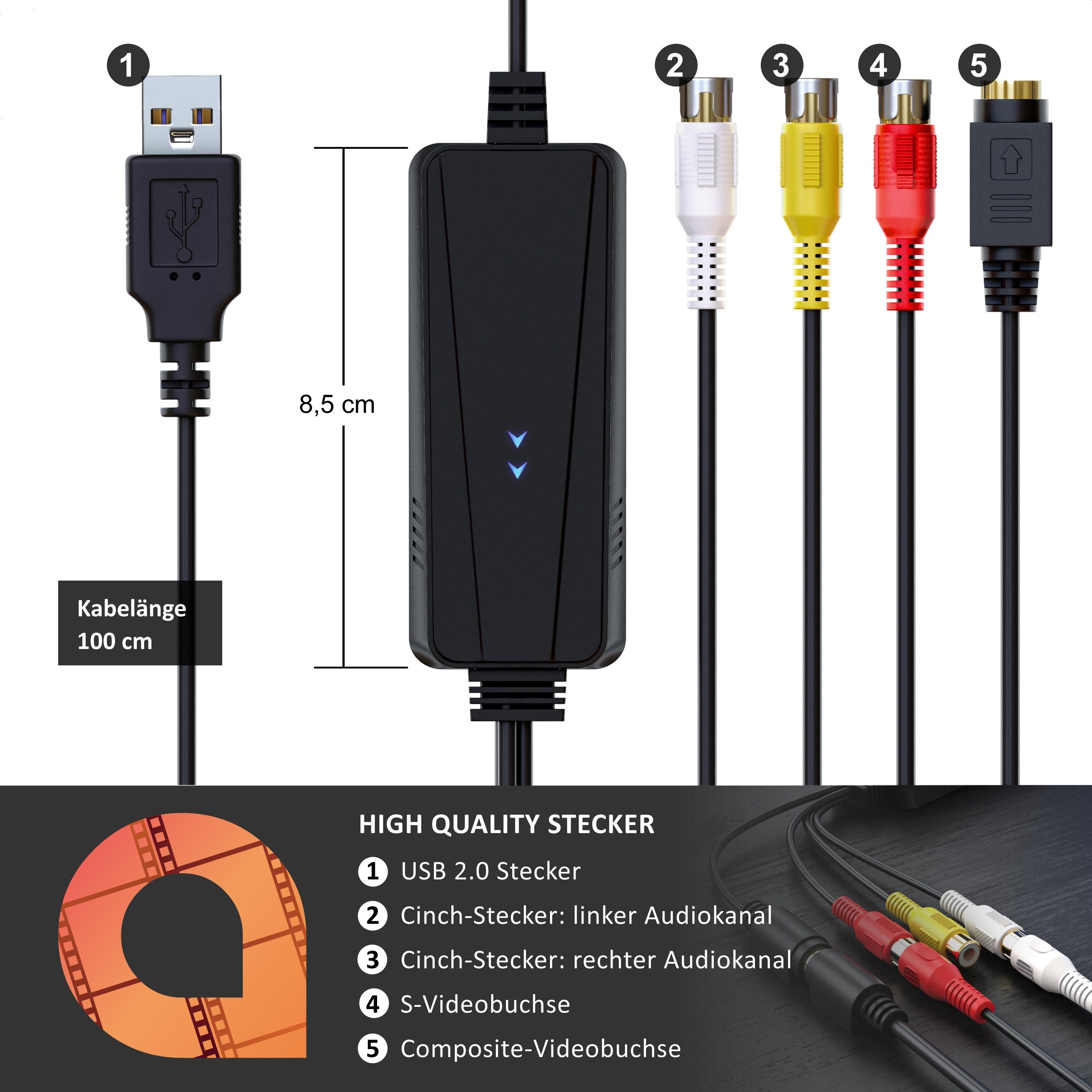 Aplic Video Grabber Audio- & Video-Adapter USB Typ A, S-Video, Composite CVBS, Cinch zu USB 2.0 Typ A Stecker, S-Video Buchse (Mini-DIN 4), Composite CVBS Buchse, Cinch Buchse, USB Videograbber Audio Video Konverter, PAL NTSC Videos digitalisieren