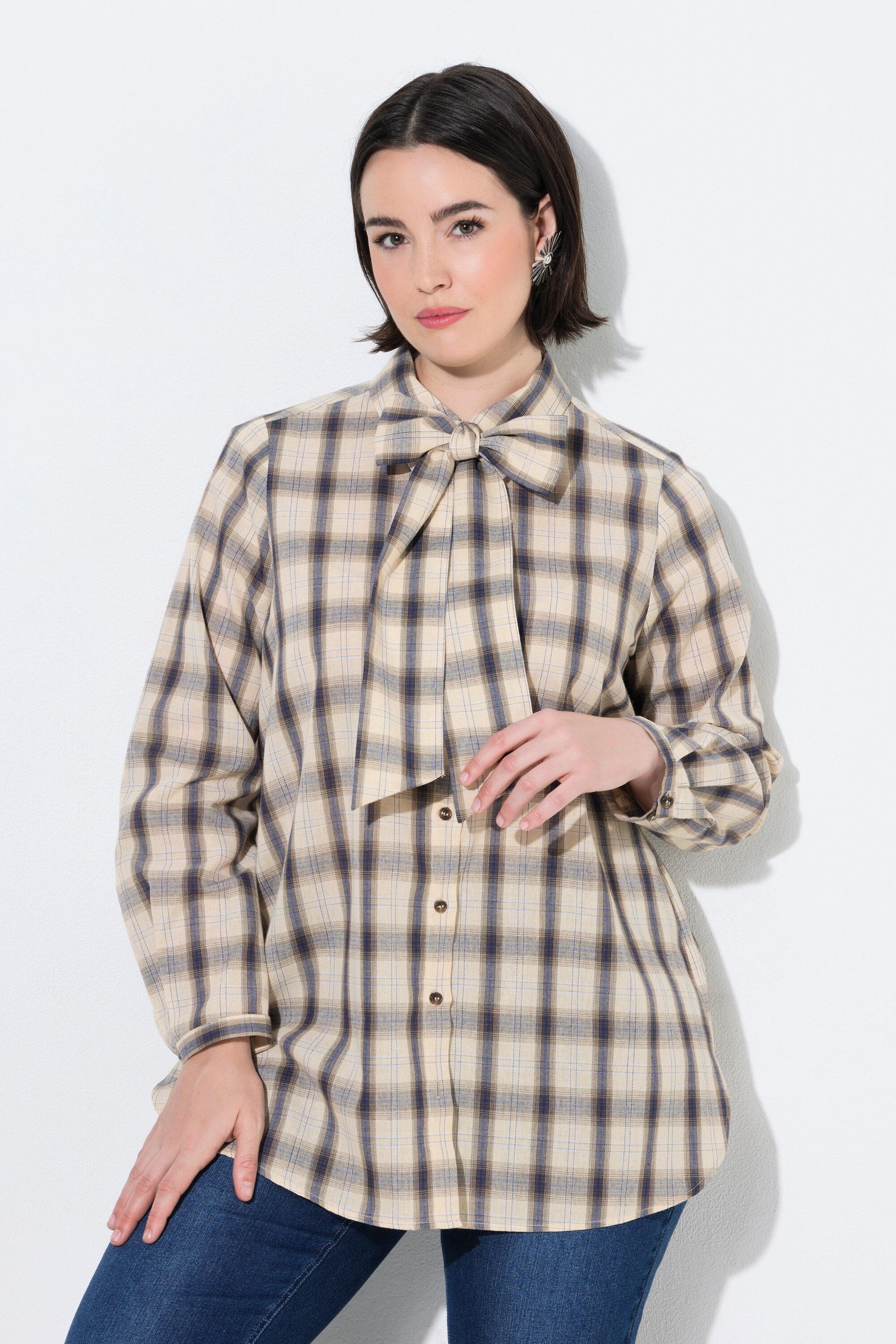 Ulla Popken Longbluse Bluse Karo abnehmbare Schluppe Hemdkragen Langarm