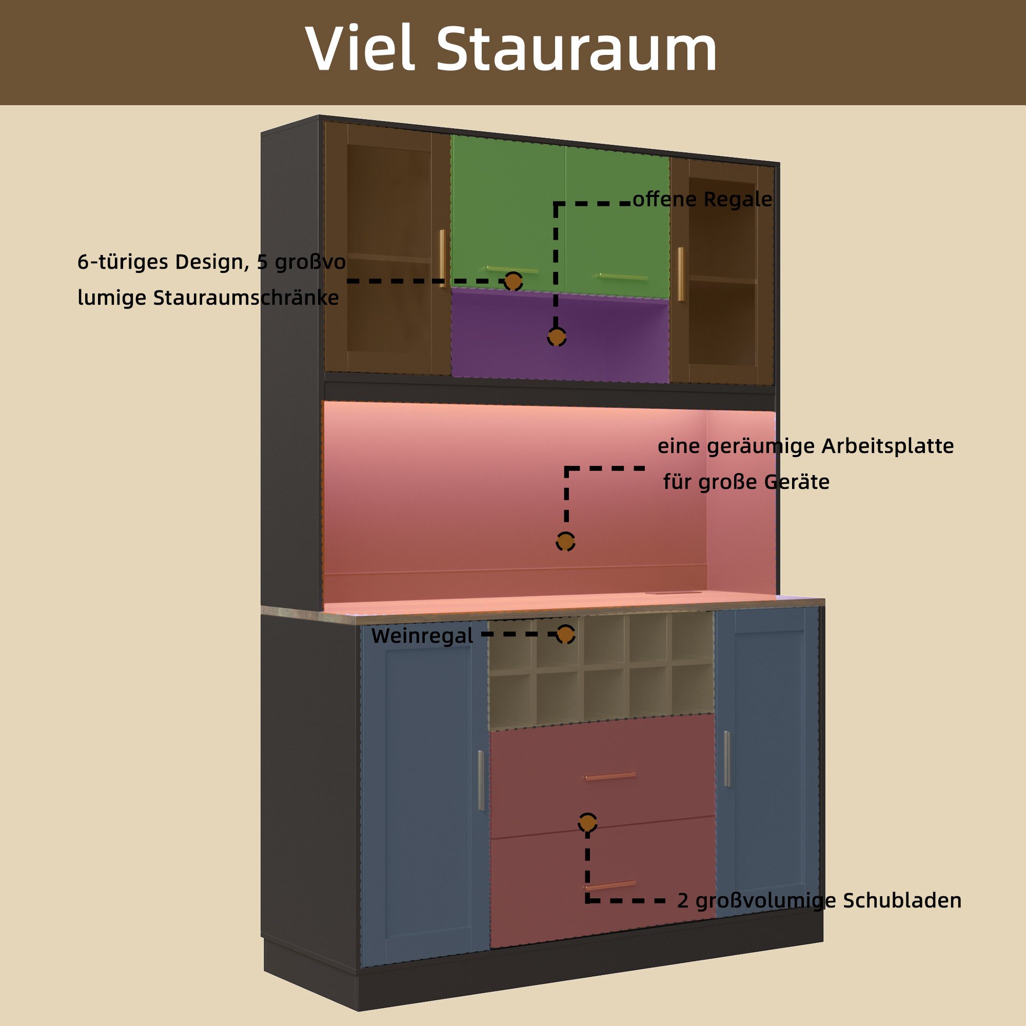 i@home Küchenbuffet Küchenhochschrank mit LED-Beleuchtung & Steckdose 6 Türen + 2 Schubladen + Weinregal, Schwarz – Bild 4 von 5