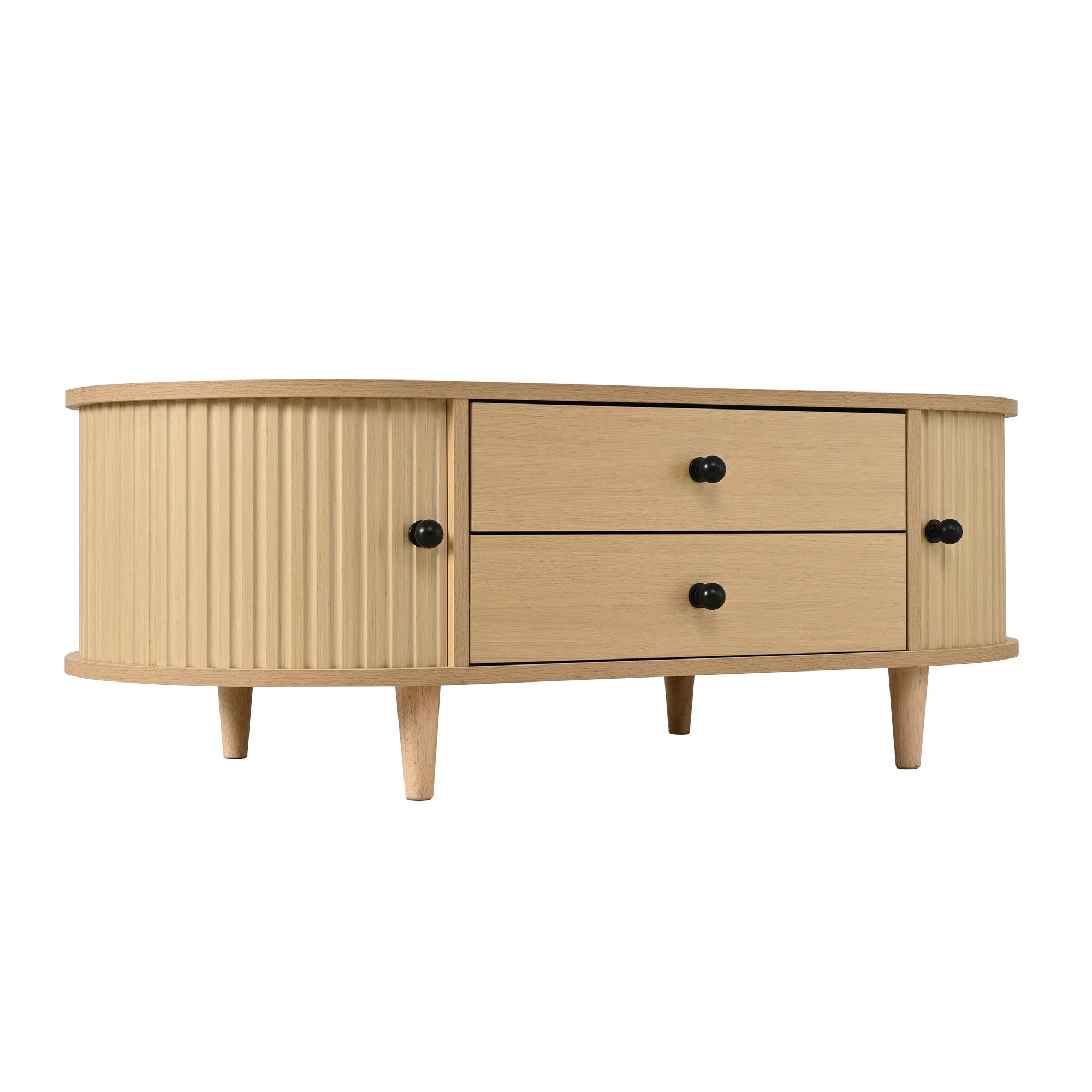 Merax Couchtisch Sofatisch oval Beistelltisch mit Massivholzbeinen (1-St), Wohnzimmertisch mit Rolltüren, 2 Schubladen & Stauraum, 100x50x36cm
