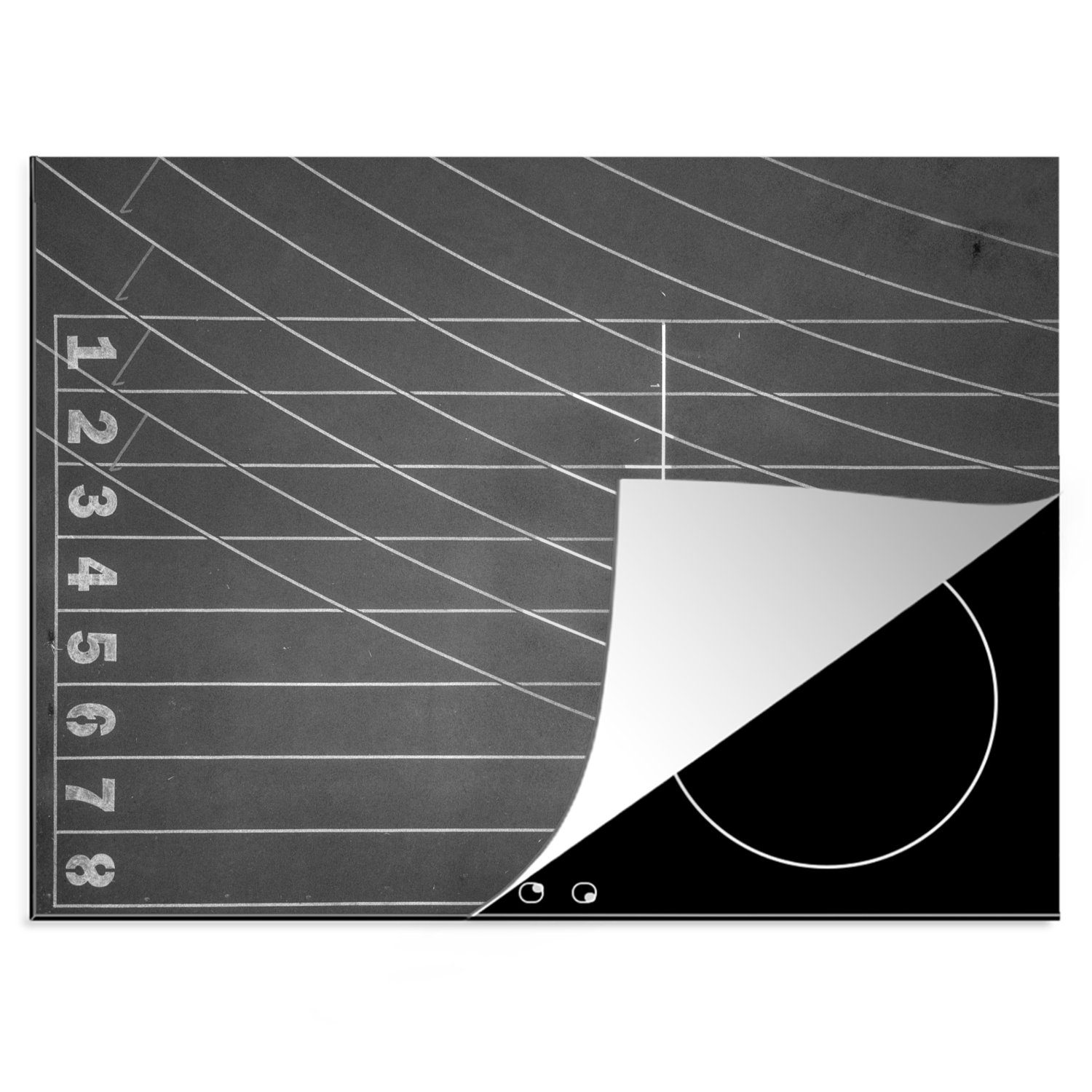 MuchoWow Herdblende-/Abdeckplatte 70x52 nutzbar, tlg), (1 Ceranfeldabdeckung Vinyl, Arbeitsfläche und - Leichtathletikbahn weiß, cm, Mobile schwarz aus Vogelperspektive der
