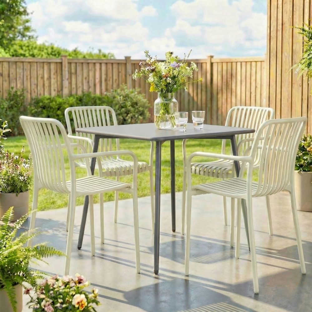 CHICFURN Gartenstuhl 4er-Set Terrassenstühle mit Armlehnen und Lamellendesign (Packung, 4 St), Stapelbare Stühle aus Kunststoff, Ergonomisch, Cremeweiß