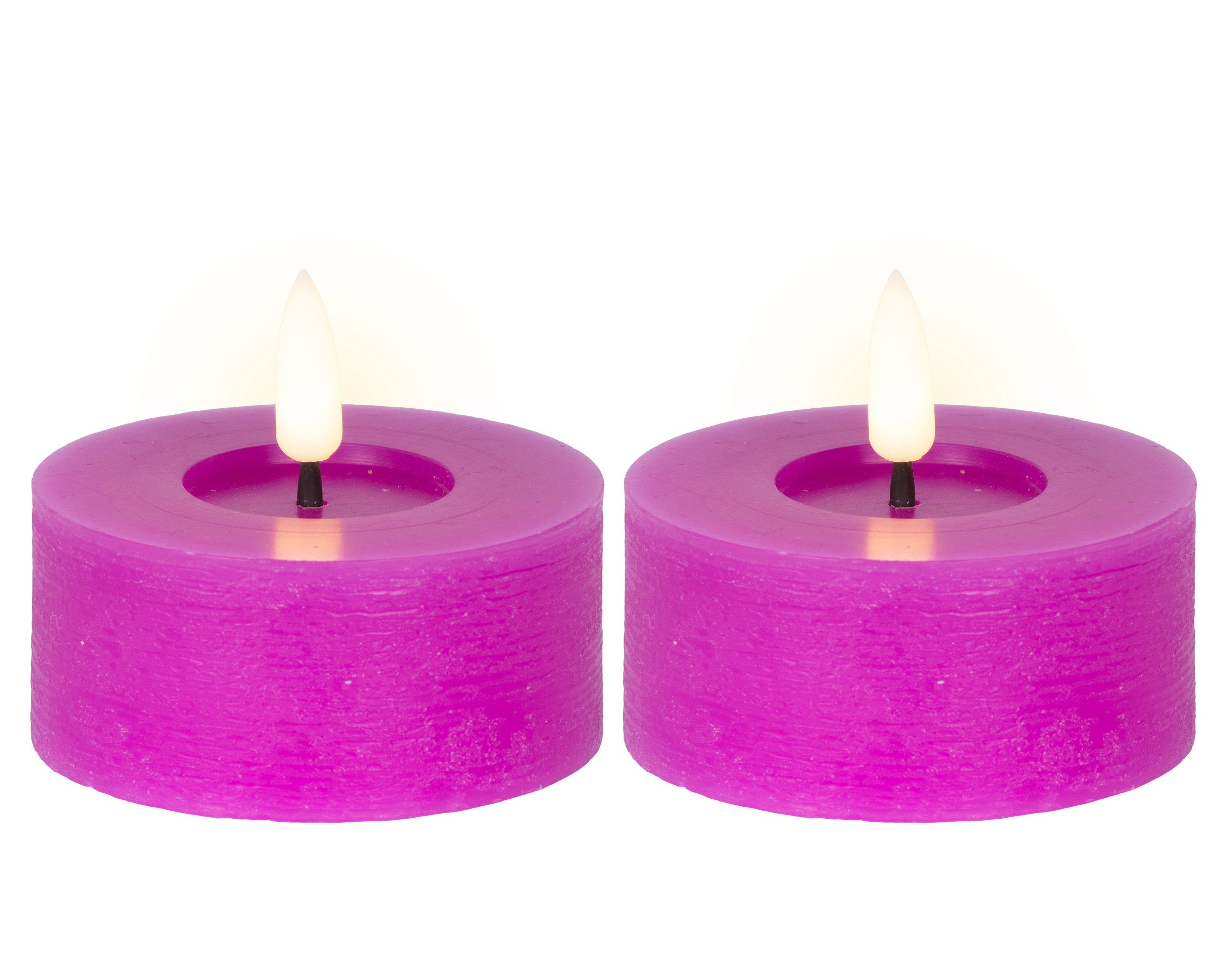 Lumineo LED-Kerze, LED Teelichter 7x6cm mit Timer Wachs 2 Stück Lila / Warmweiß