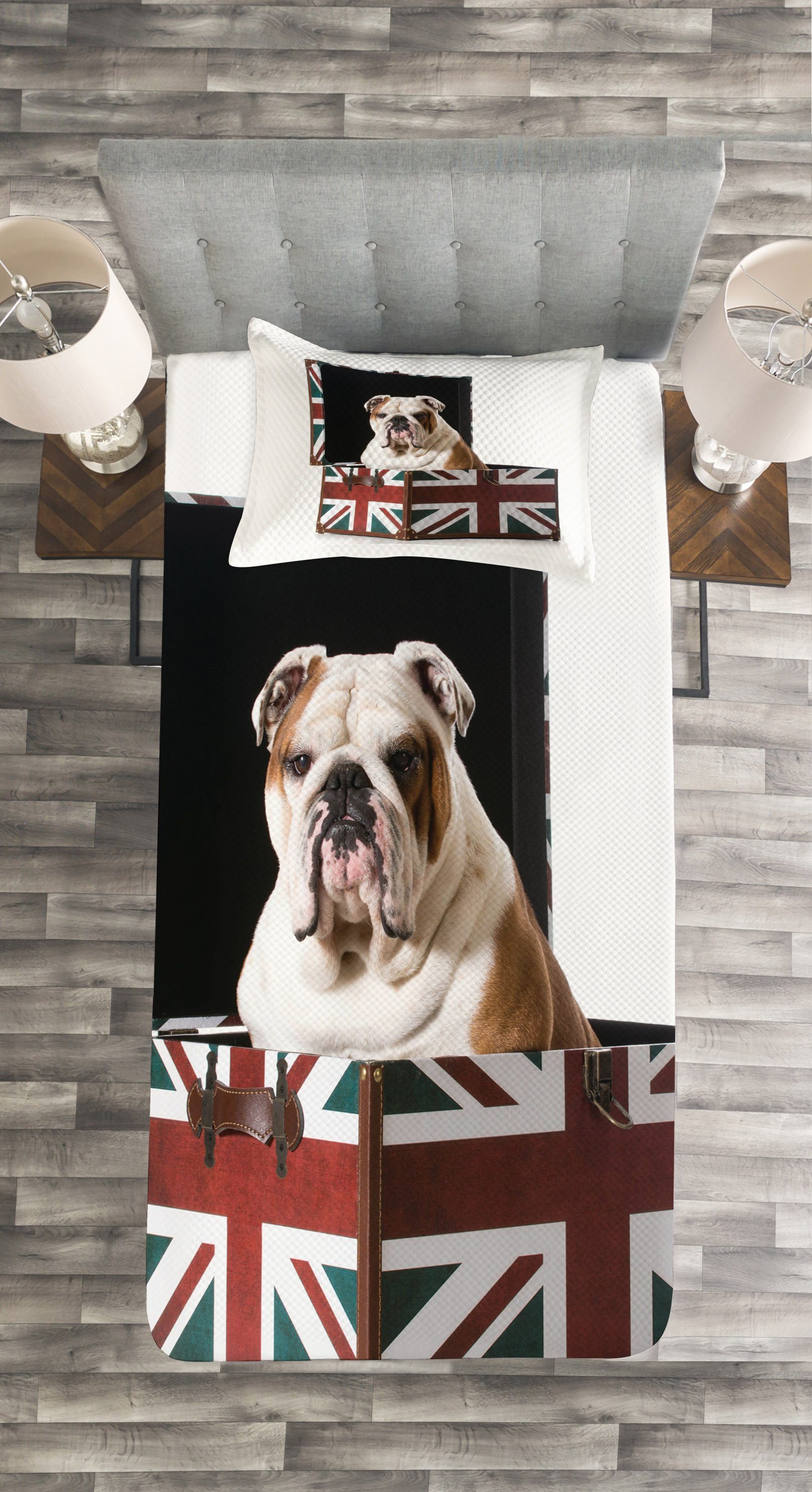 Dog Abakuhaus, Englische Bulldogge Patriotic mit Set Tagesdecke Waschbar, Kissenbezügen