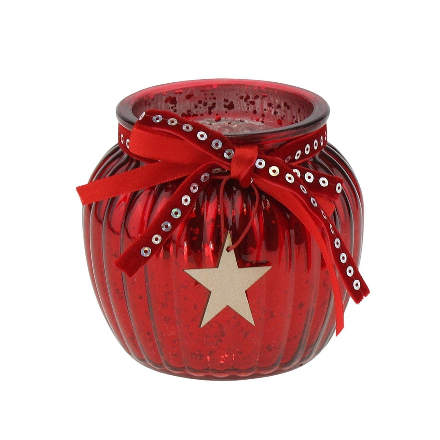 Weihnachten, Home Glas mit Windlicht Teelichthalter Tischdeko Advent Holzstern Silber Rosé Kerzenhalter Rot rund Macosa