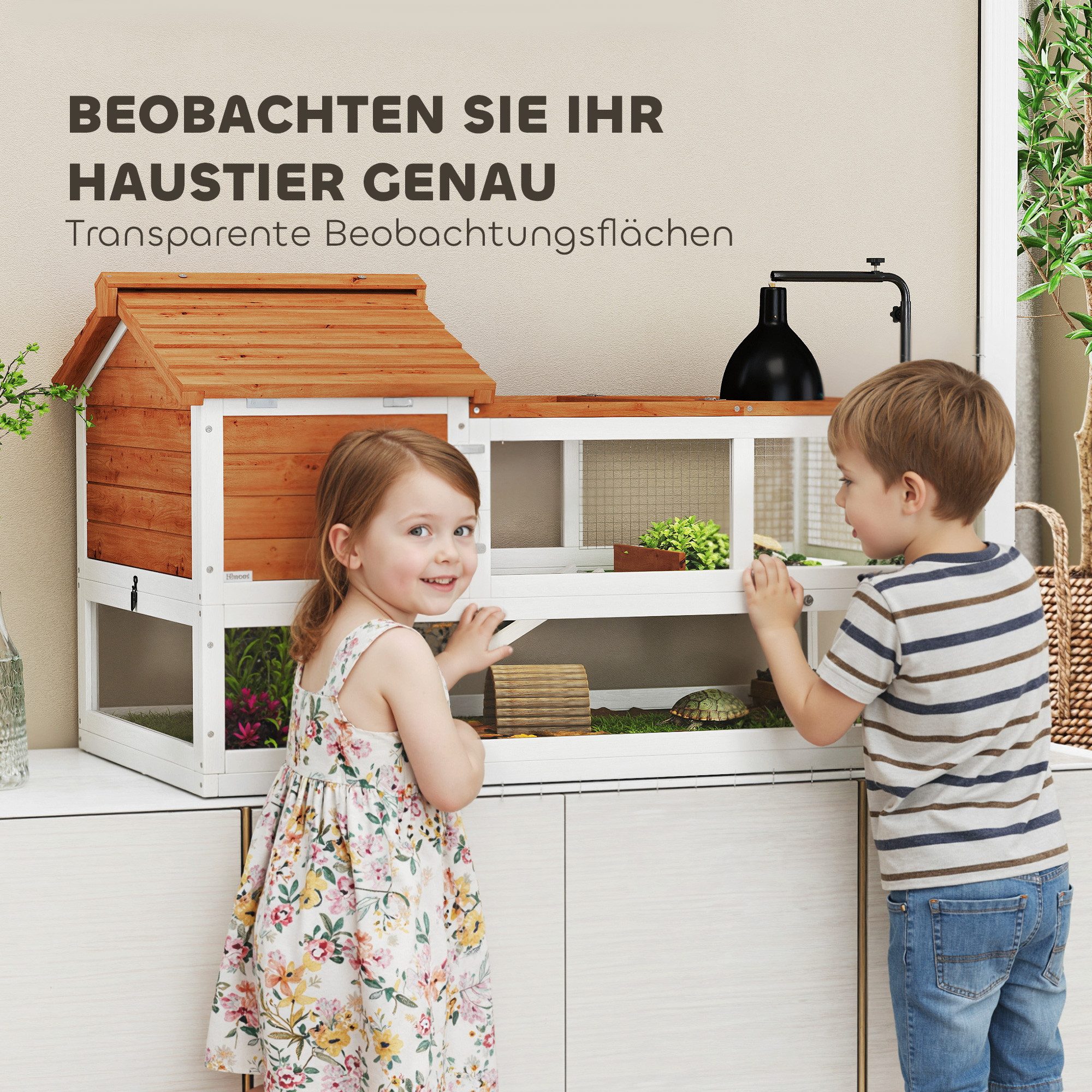 PawHut Kleintierstall mit Zwei Haupthäusern aufklappbarem Oberseite Lampenhalter, für Schildkröten Reptilien 116 x 70,5 x 69,5cm Orange