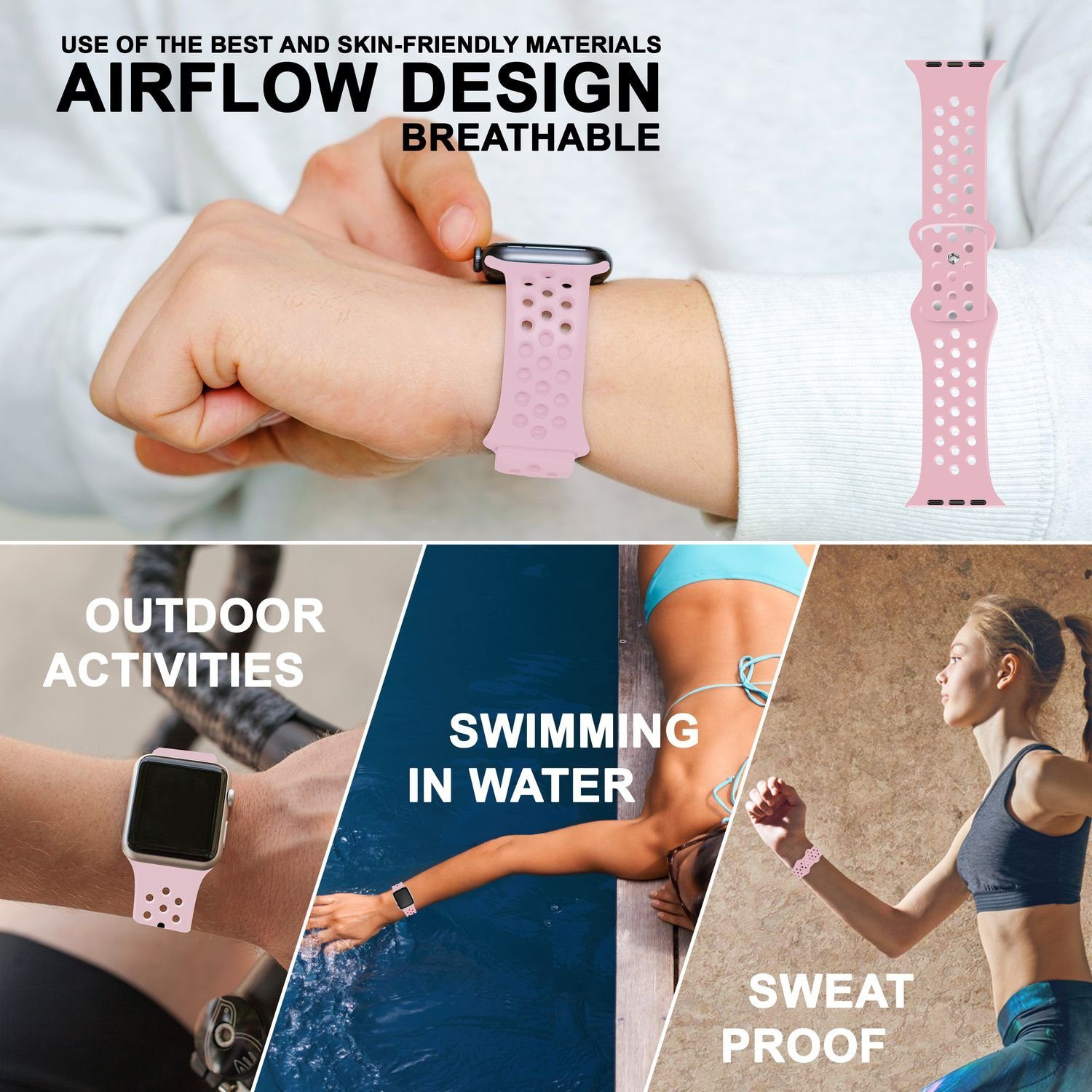 Nalia Smartwatch-Armband Apple / Sport Fitness Gelochtes Ersatzband / Silikon Uhr Watch für Atmungsaktiv Pink 38mm/40mm/41mm