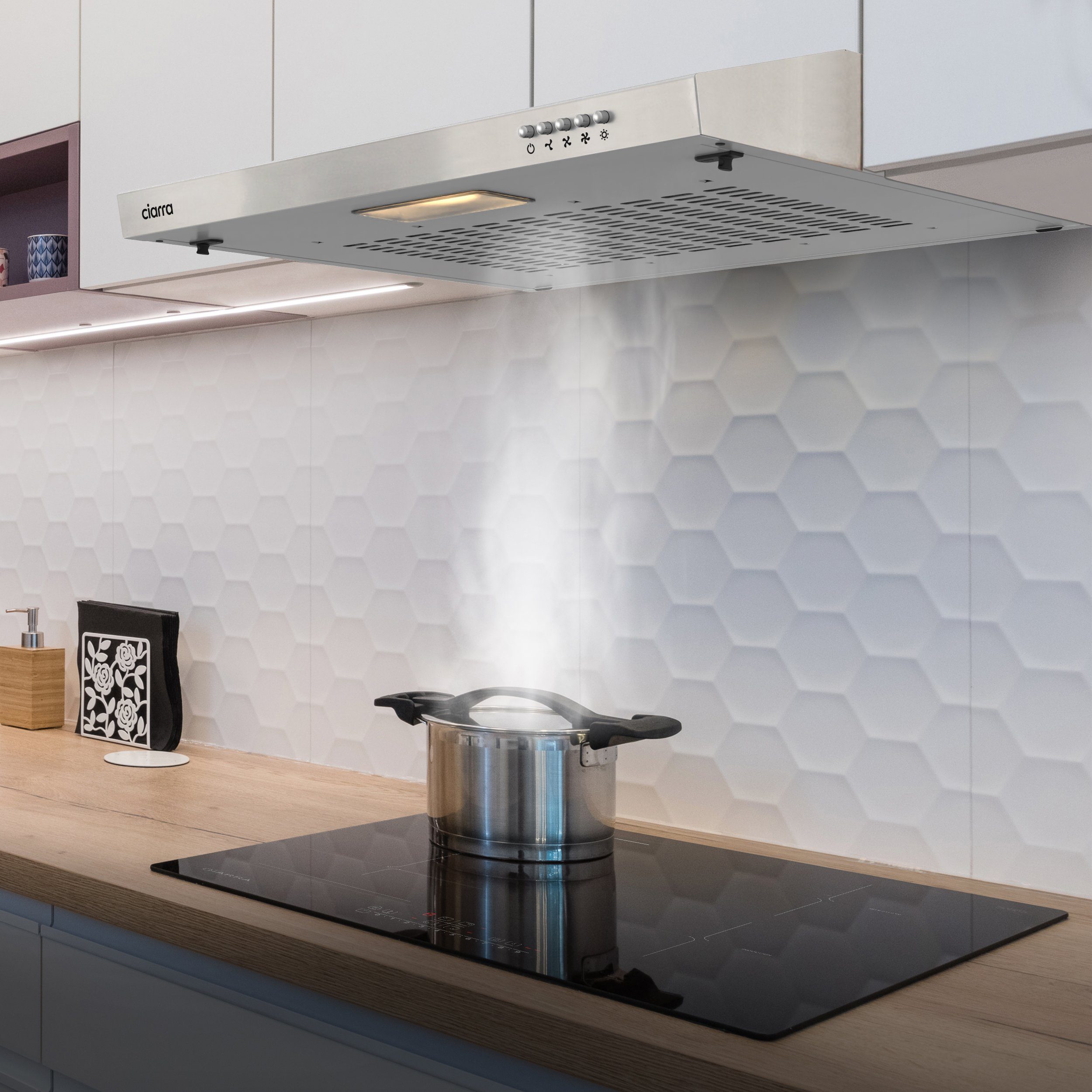 CIARRA Unterbauhaube 60 cm Dunstabzugshaube 220 m³/h Abluft & Umluft 3 Stufen CBCS6903 60 cm Dunstabzugshaube 220 m³/h Abluft & Umluft 3 Stufen CBCS6903, leise Abzugshaube Edelstahl mit Metallfilter & Kohlefilter, LED, 62 dB