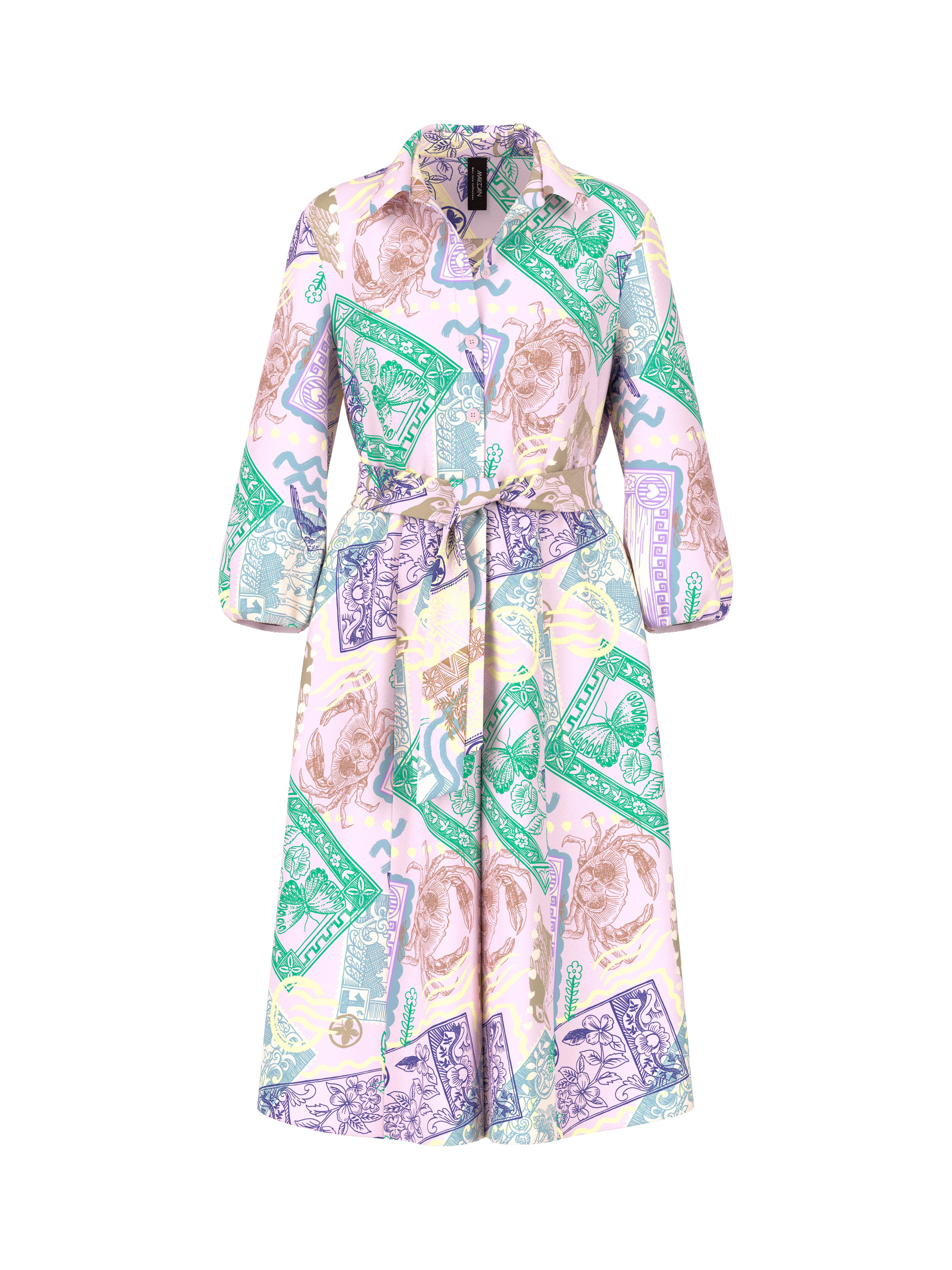 Marc Cain Midikleid Spring Fling Premium Damenmode Sommerkleid, bedruckt, ausgestellter Rock, mit Bindegürtel