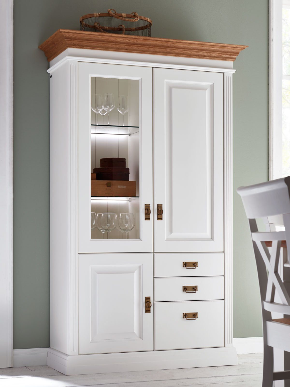 Casamia Vitrine Vitrine Glas-Vitrine Standvitrine Novara 3-türig 3 Schubladen weiß