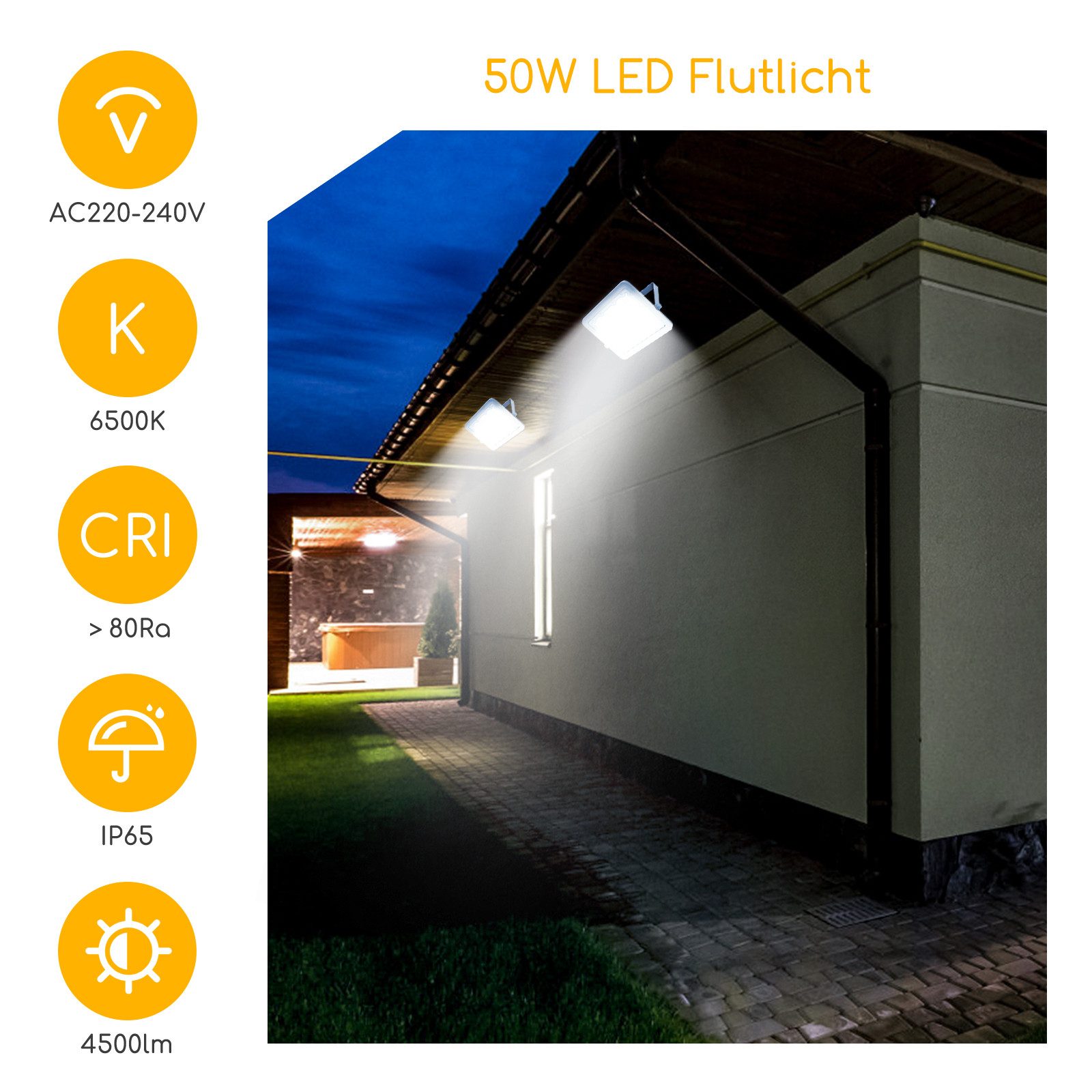 Aigostar Flutlichtstrahler LED Strahler Außen 2 Stücke,50W 6500K LED Flutlicht,IP65 4500LM, LED fest integriert
