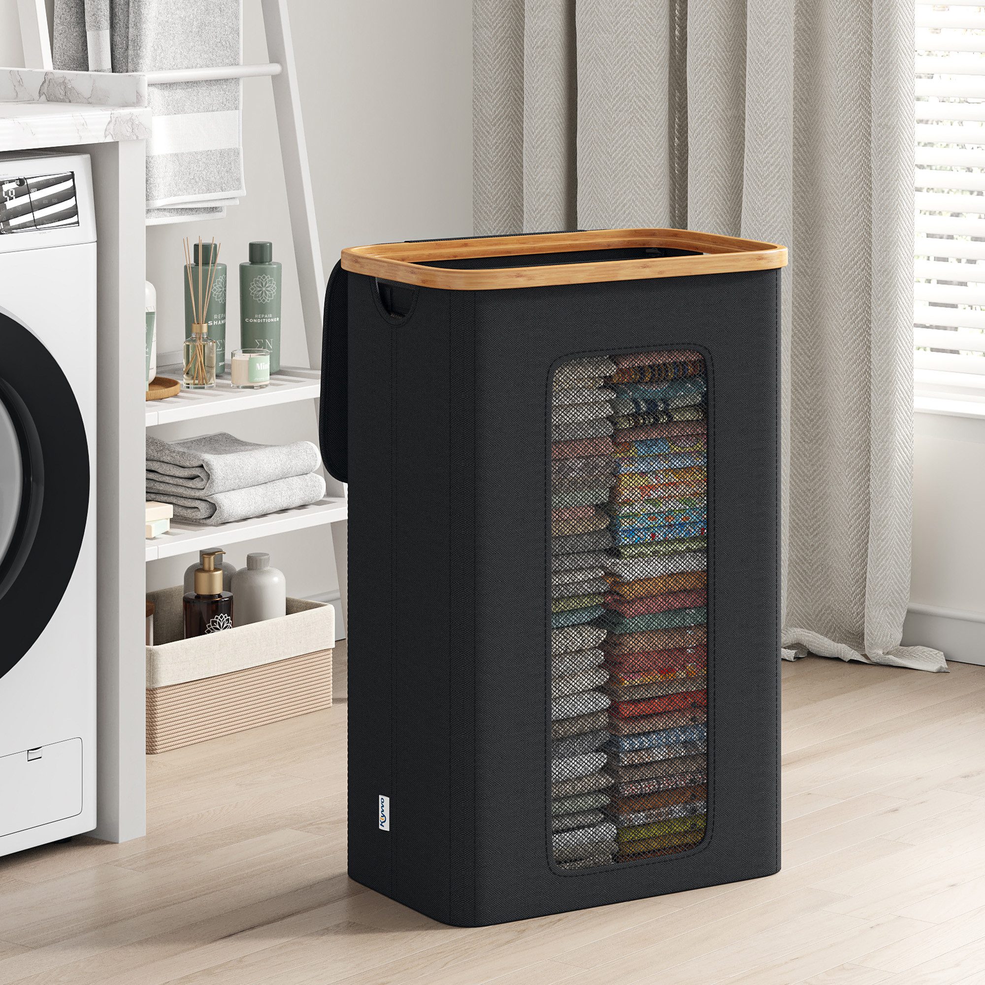 Klyvvo Wäschekorb mit Deckel, aus Bambusrahmen & 600D wasserdichtem Oxford Stoff (1 St), mit herausnehmbarer Innentasche für Schlafzimmer und Badezimmer