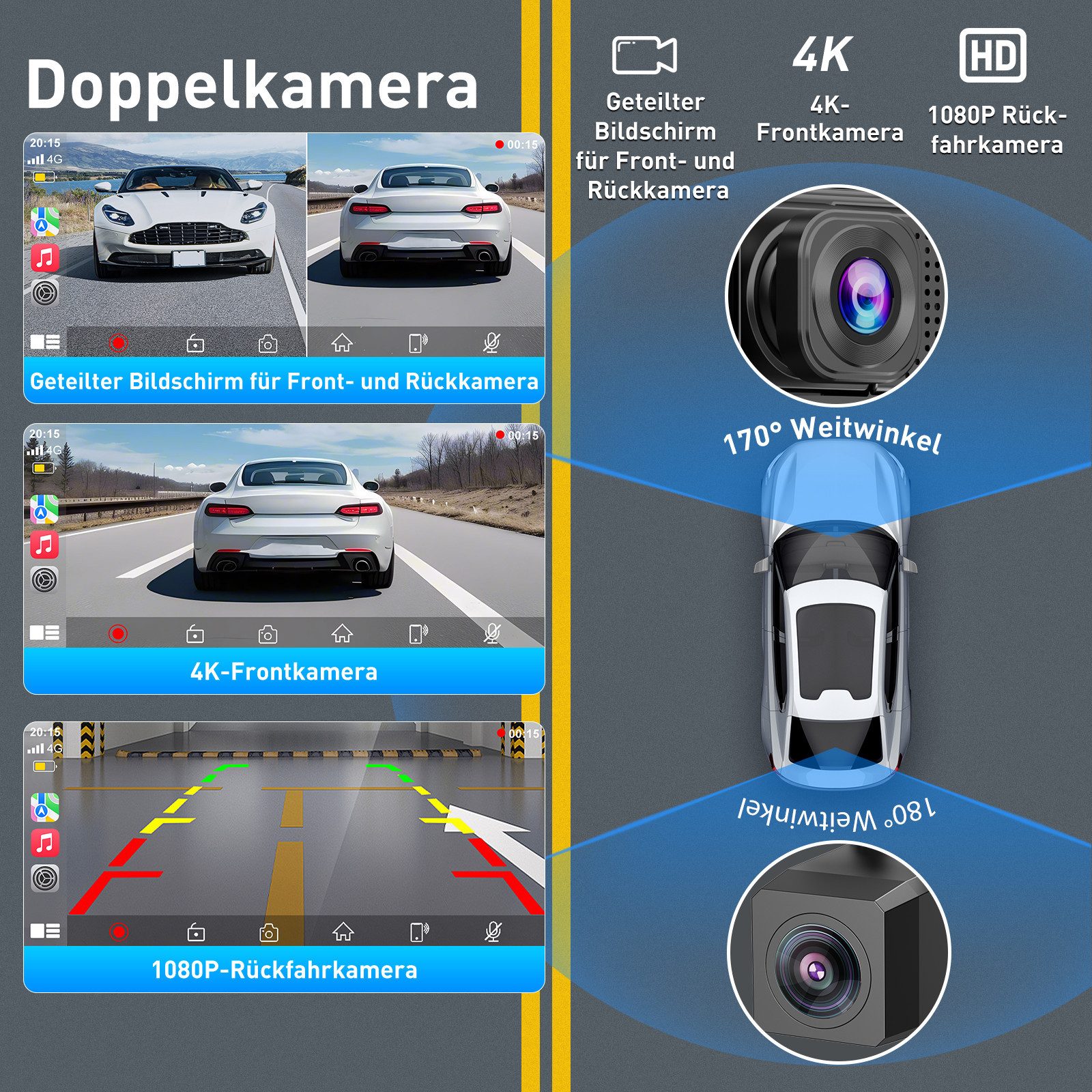 ESSGOO 9'' 4K Wireless Carplay Android Auto real 4K Dashcam Rückfahrkamera Navigationsgerät
