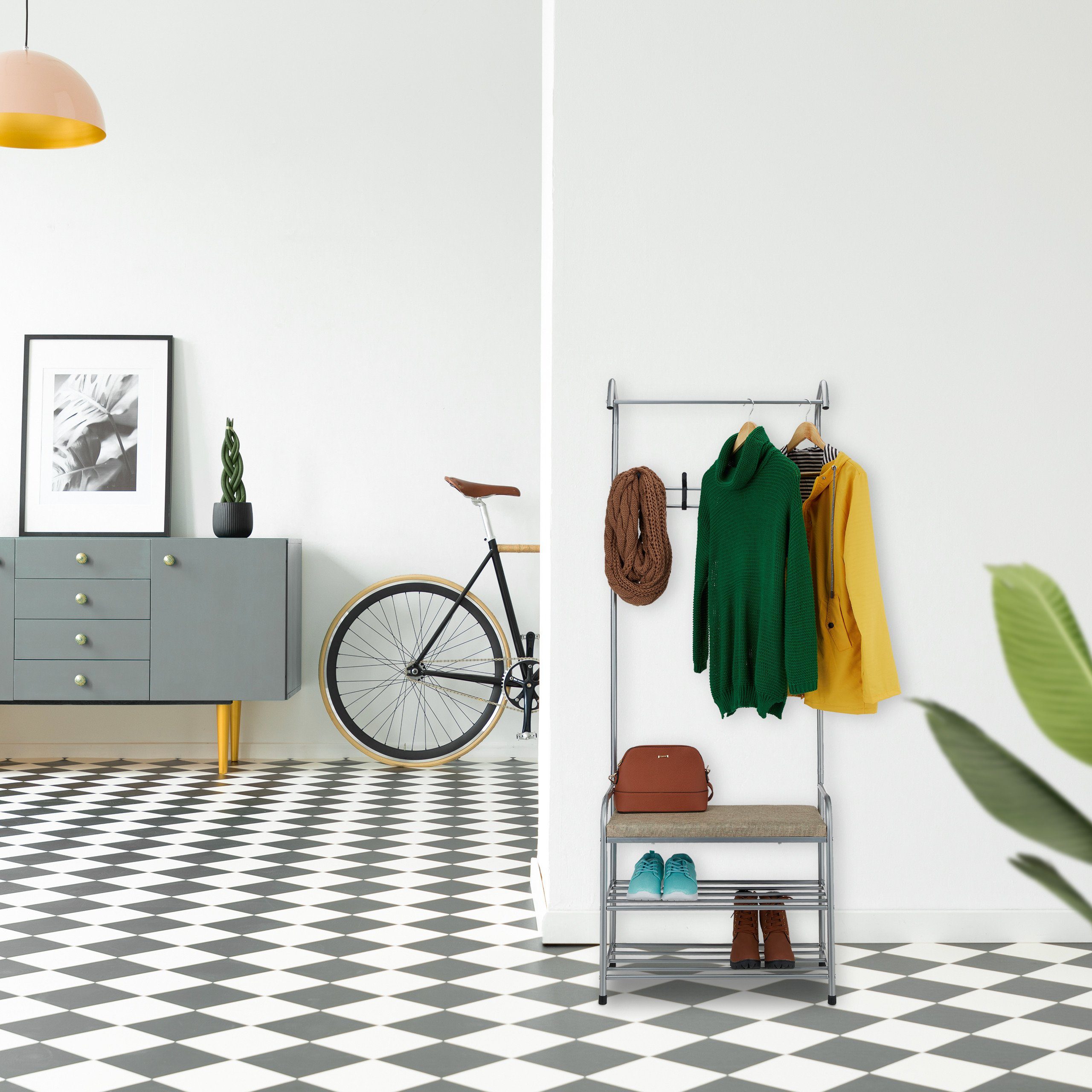 relaxdays Garderobenständer Garderobe mit Schuhablage & Sitzbank, grau