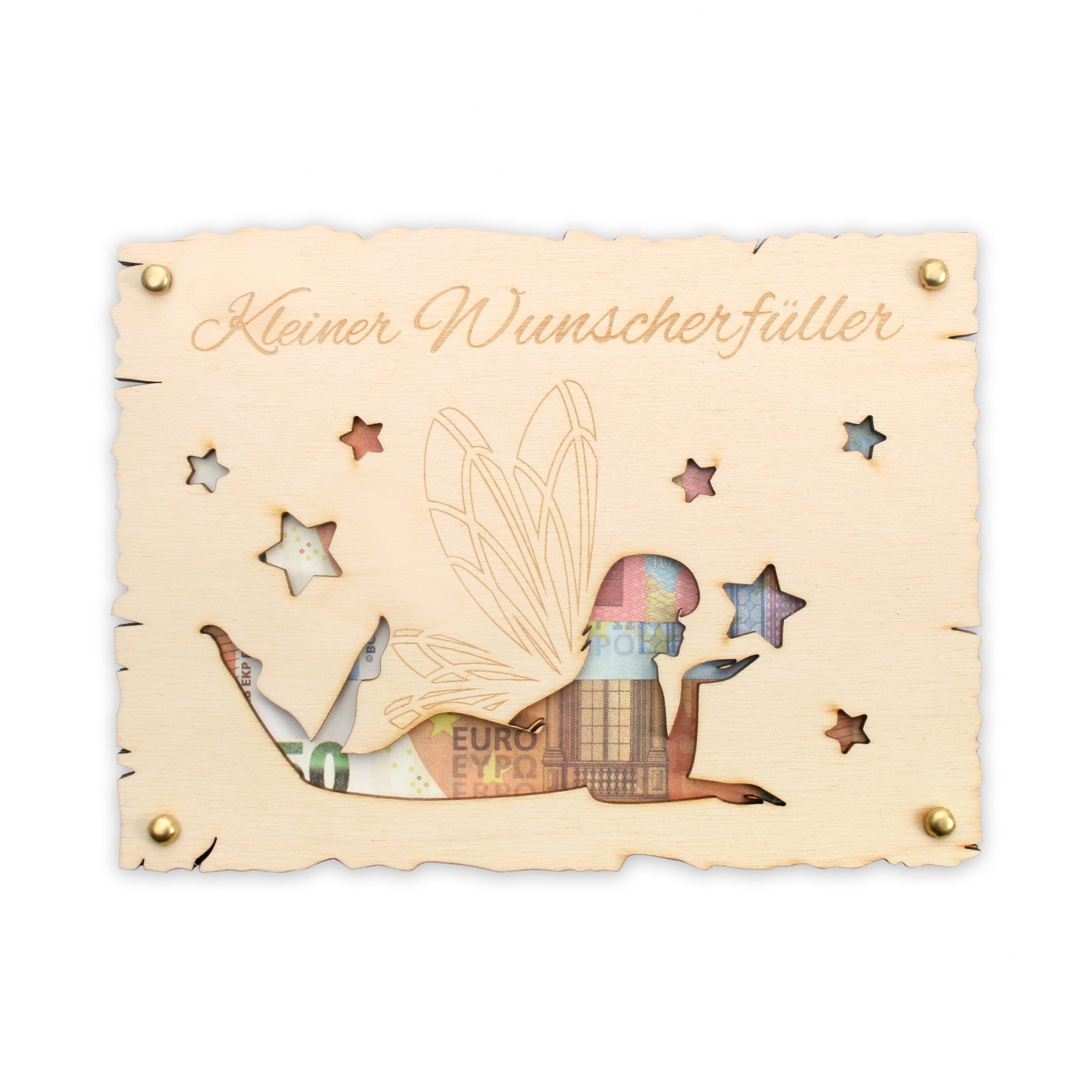 Kreative Feder Glückwunschkarte „Erfüll dir einen Wunsch“ - Glückwunsch-Karte aus Holz, Geschenk-Karte für Geldgeschenke; Размер ca.: 14,6 x 19,7cm