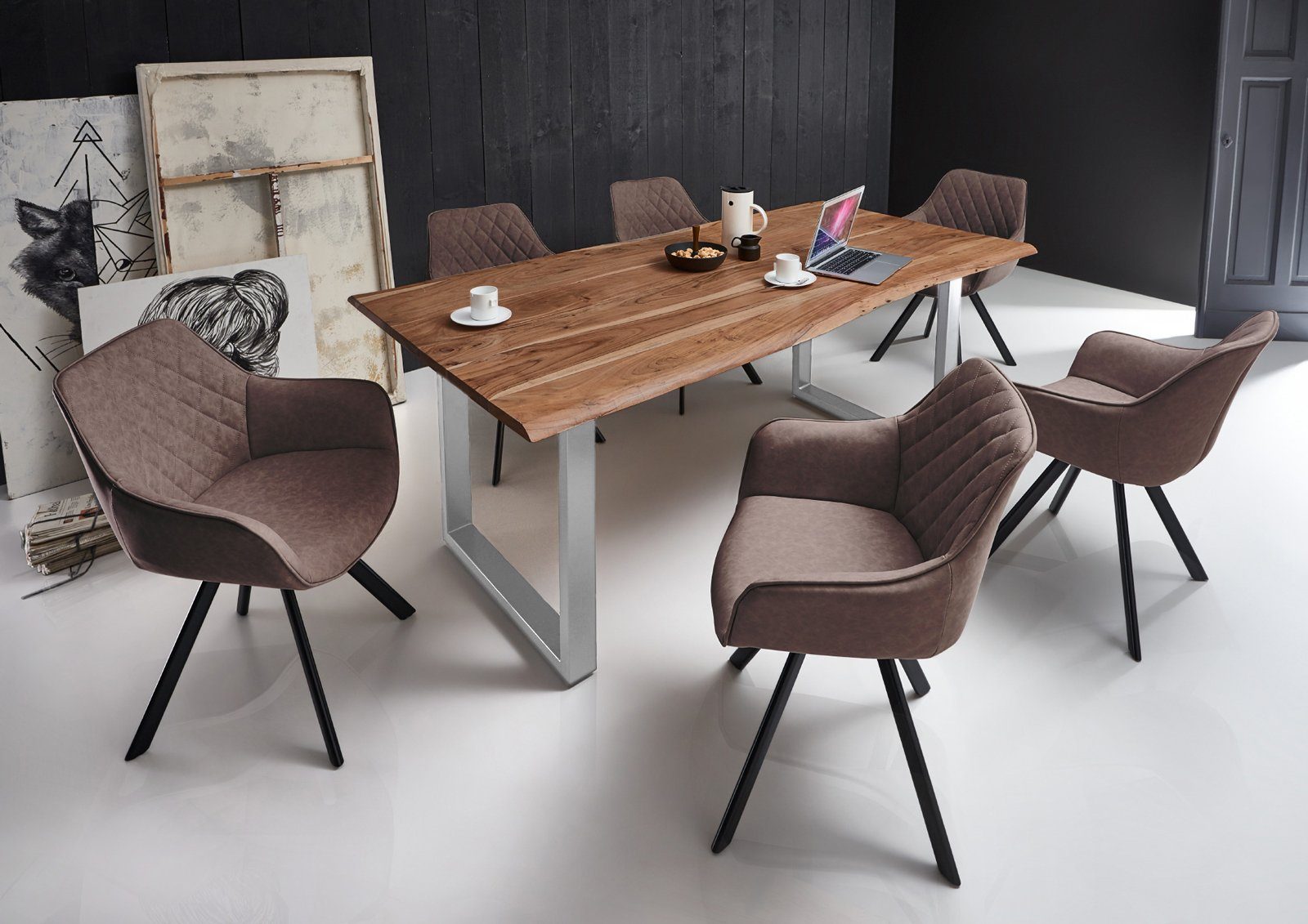 Junado® Essgruppe Milo Alina, mit Baumkante, Akazienholz, Metallgestell U-Form, TP 35mm und 6x Stuhl naturfarben