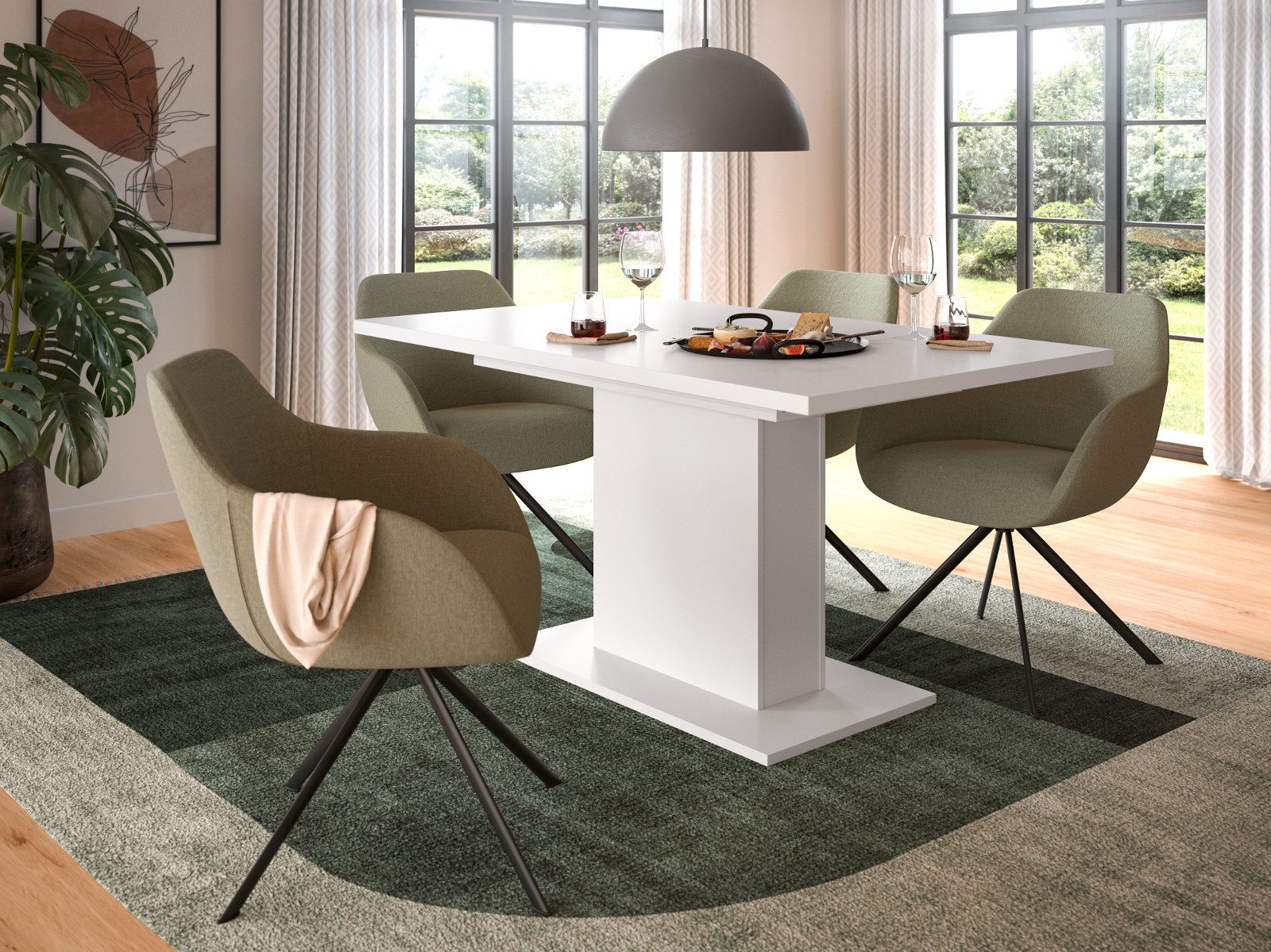 Inn.Furn Säulen-Esstisch Home-X (Küchentisch in mattem Weiß, ausziehbar 150 - 190 cm), Melaminbeschichtet, für bis zu 8 Personen