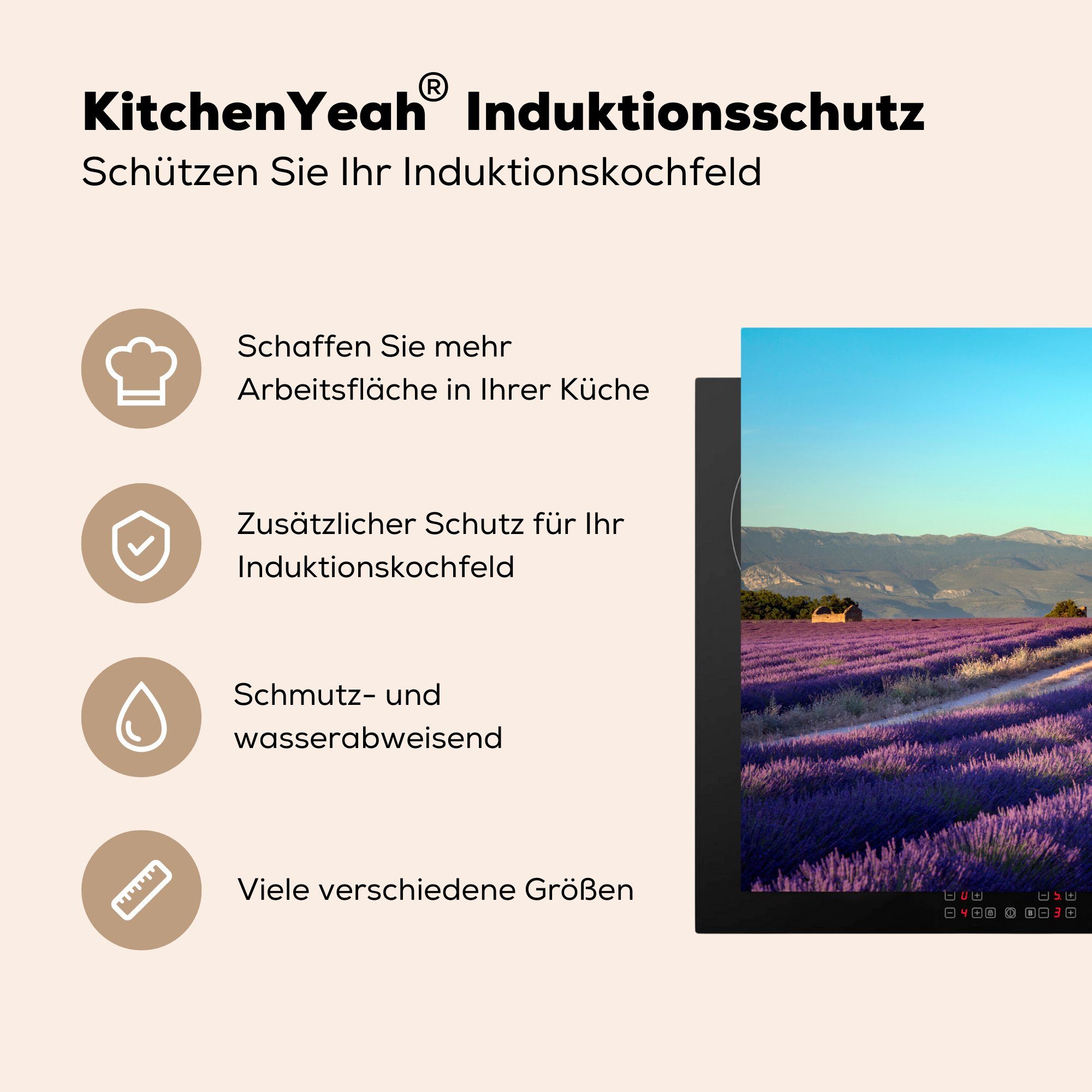 Induktionskochfeld Lavendelfeld 81x52 in MuchoWow cm, Provence, tlg), küche, Schutz (1 für die Vinyl, Ceranfeldabdeckung der Herdblende-/Abdeckplatte