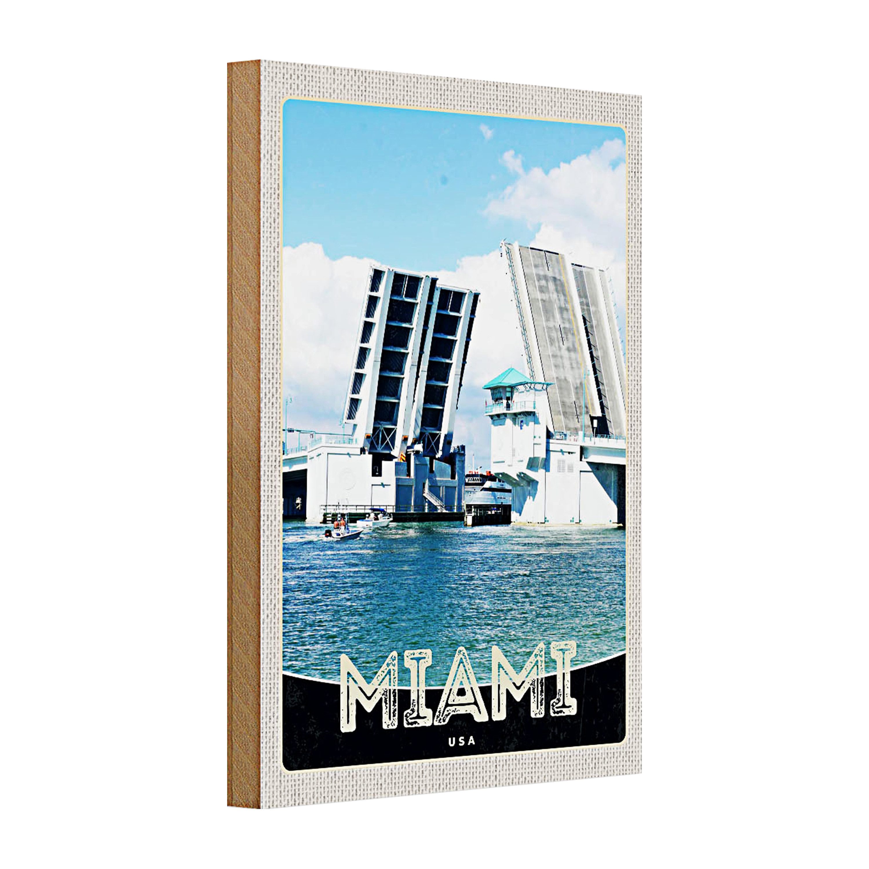 Roomando Holzbild Holzschild Reise 20x30cm Miami Amerika USA Brücke Schiffe Meer