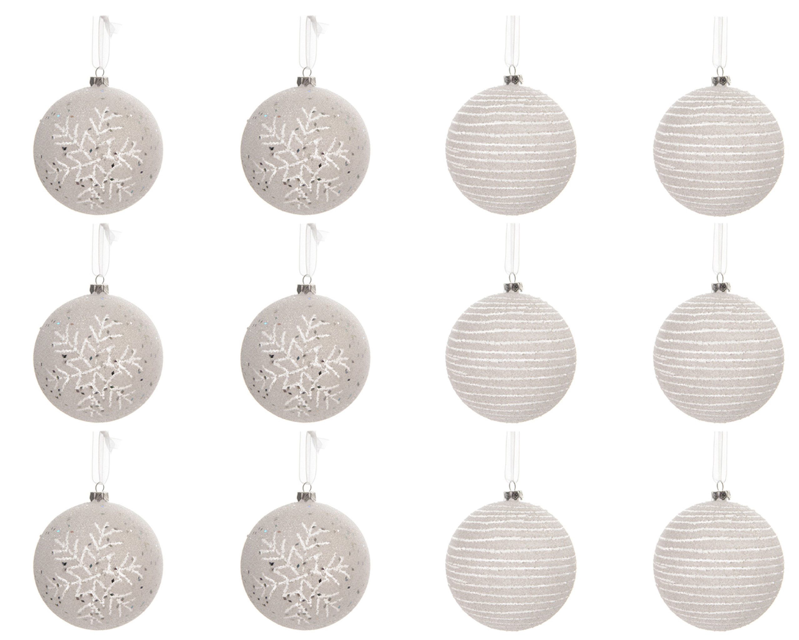 Kaemingk Weihnachtsbaumkugel, Новогодние шары Kunststoff Schneeflocken Streifen 8cm weiß, 12er Set
