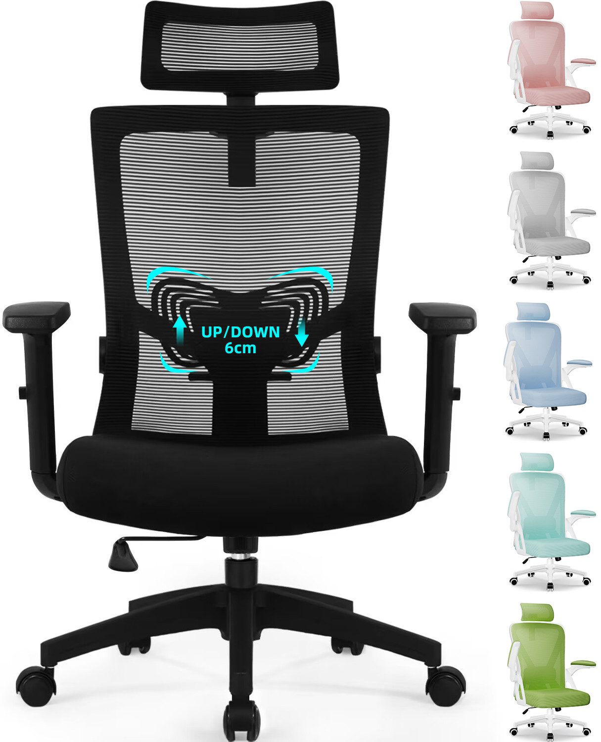 Adormii Bürostuhl Ergonomischer Bürostuhl, Schreibtischstuhl Chefsessel (Drehstuhl 360°mit Verstellbarer Kopfstütze, Lendenwirbelstütze und Verstellbarer Armlehnen, Computerstuhl, Wippfunktion bis 135), Höhenverstellbar, Atmungsaktiver Netzbezug, 150KG Belastbarkeit