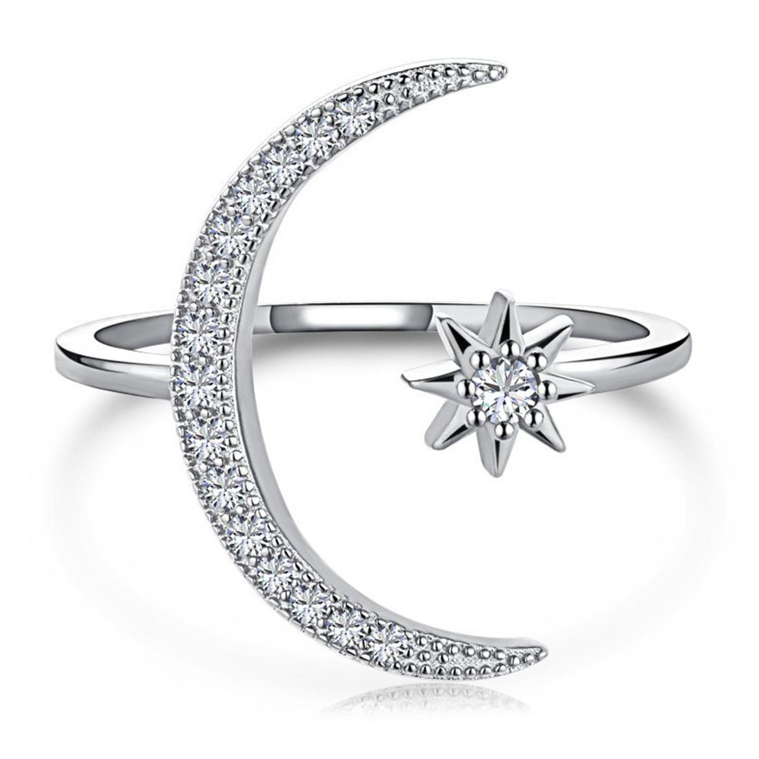 Haiaveng Fingerring Mond und Stern Mond Ringe,Ringe aus Sterlingsilber S925, Stern- und Mondring mit Diamanten, offener und verstellbarer Ring