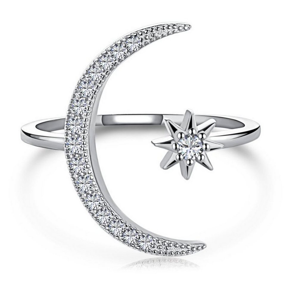 Haiaveng Fingerring Mond und Stern Mond Ringe,Ringe aus Sterlingsilber  S925, Stern- und Mondring mit Diamanten, offener und verstellbarer Ring