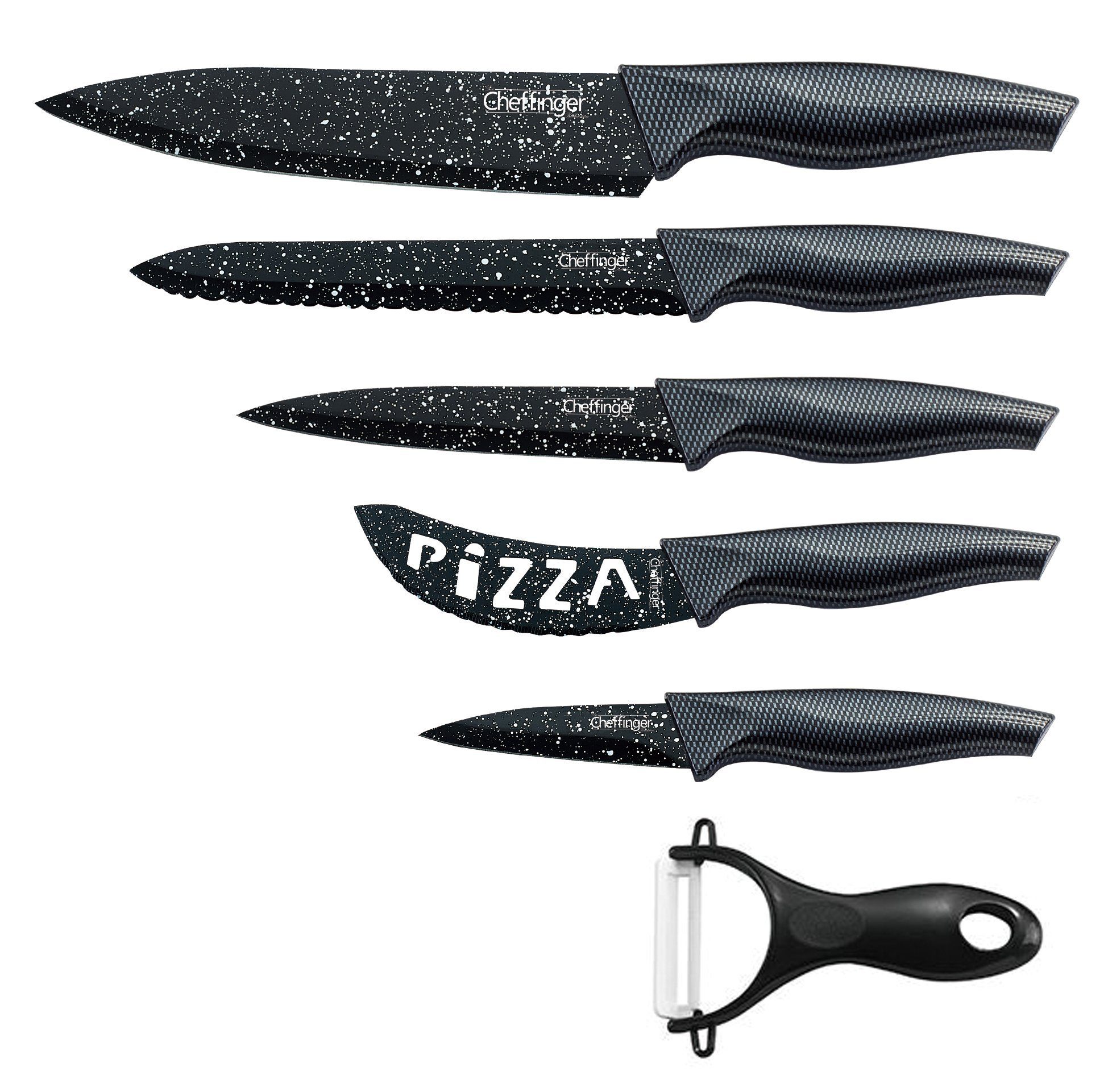 Cheffinger Messer-Set 6 teiliges Messerset (5 Messer & 1 Sparschäler) in Klappbox mit Magnetverschluss scharfe Messerklingen Küchenmesser Chefmesser Pizzamesser schwarz/weiß