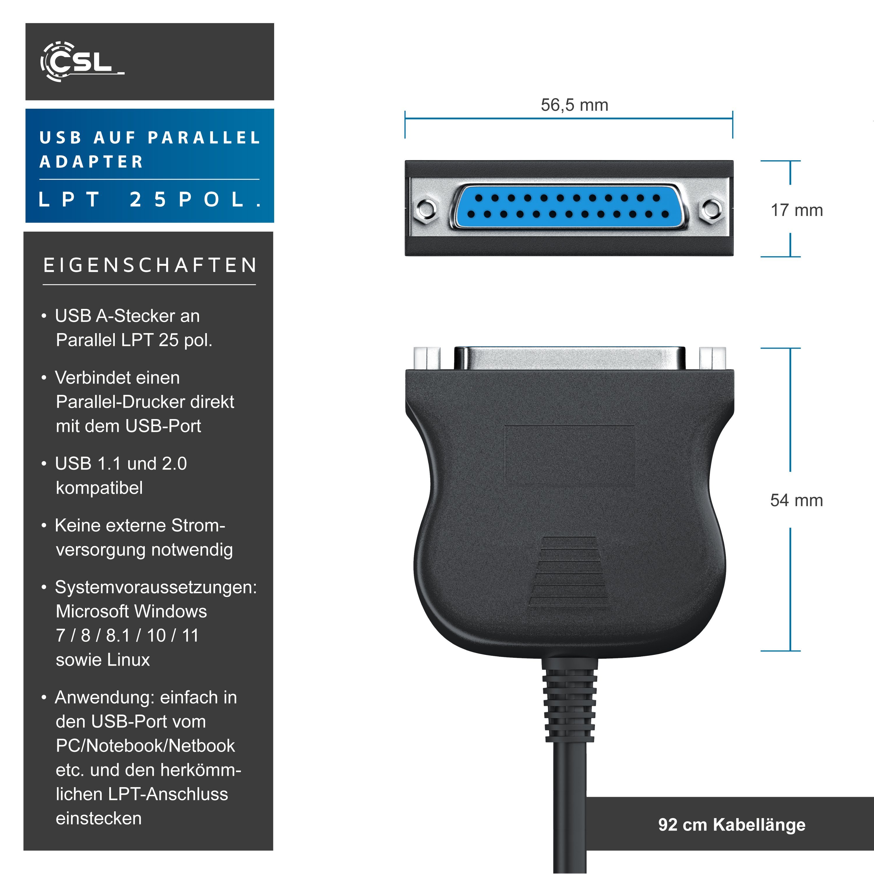 CSL USB-Adapter D-SUB DE 25 zu USB Typ A, 90 cm, USB A auf Parallel Adapter LPT 25 pol., Druckerkabel Adapterkabel