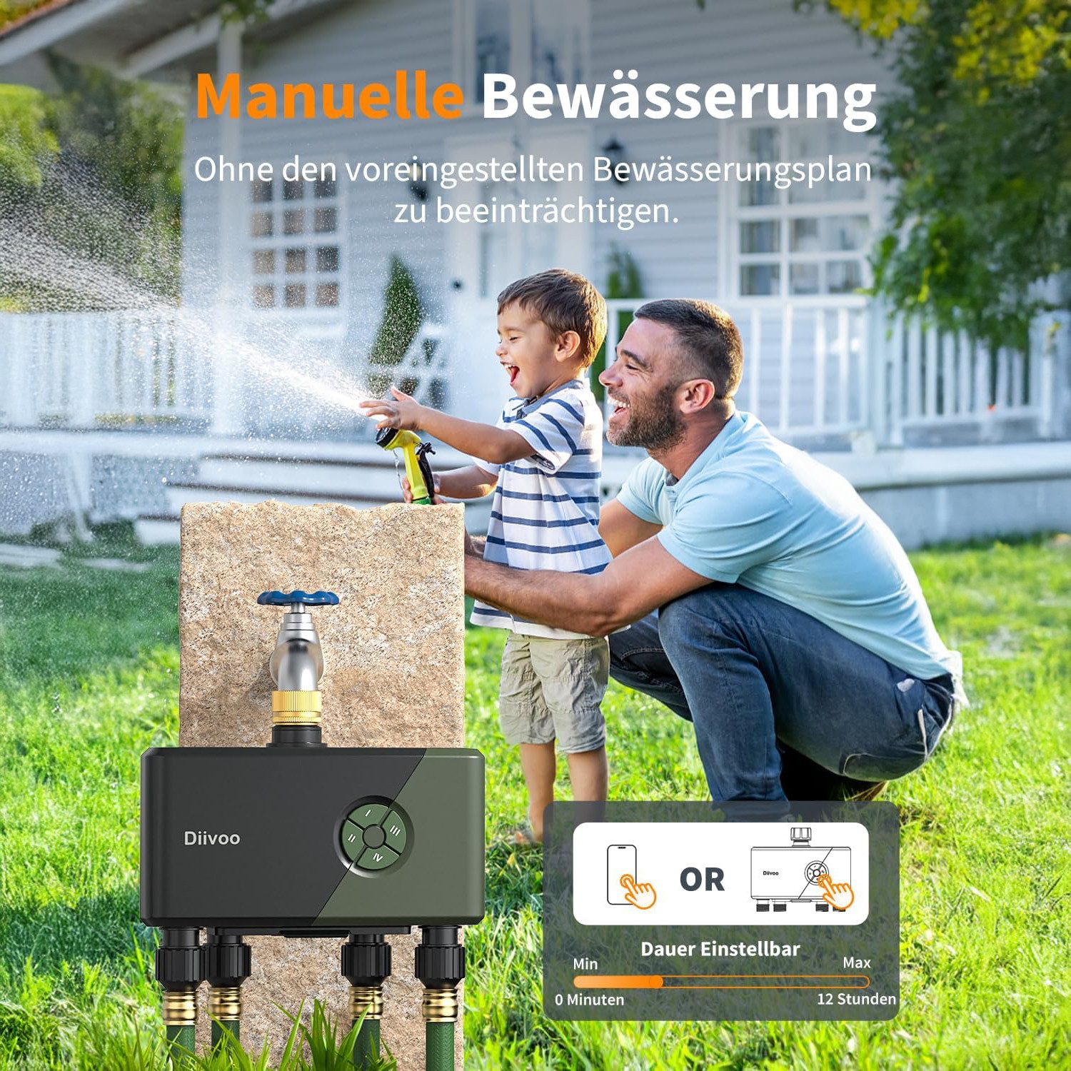 Diivoo Bewässerungssystem Bewässerungscomputer 4 Ausgänge WLAN mit Messingeinlass mit WLAN, APP – Bild 5 von 5