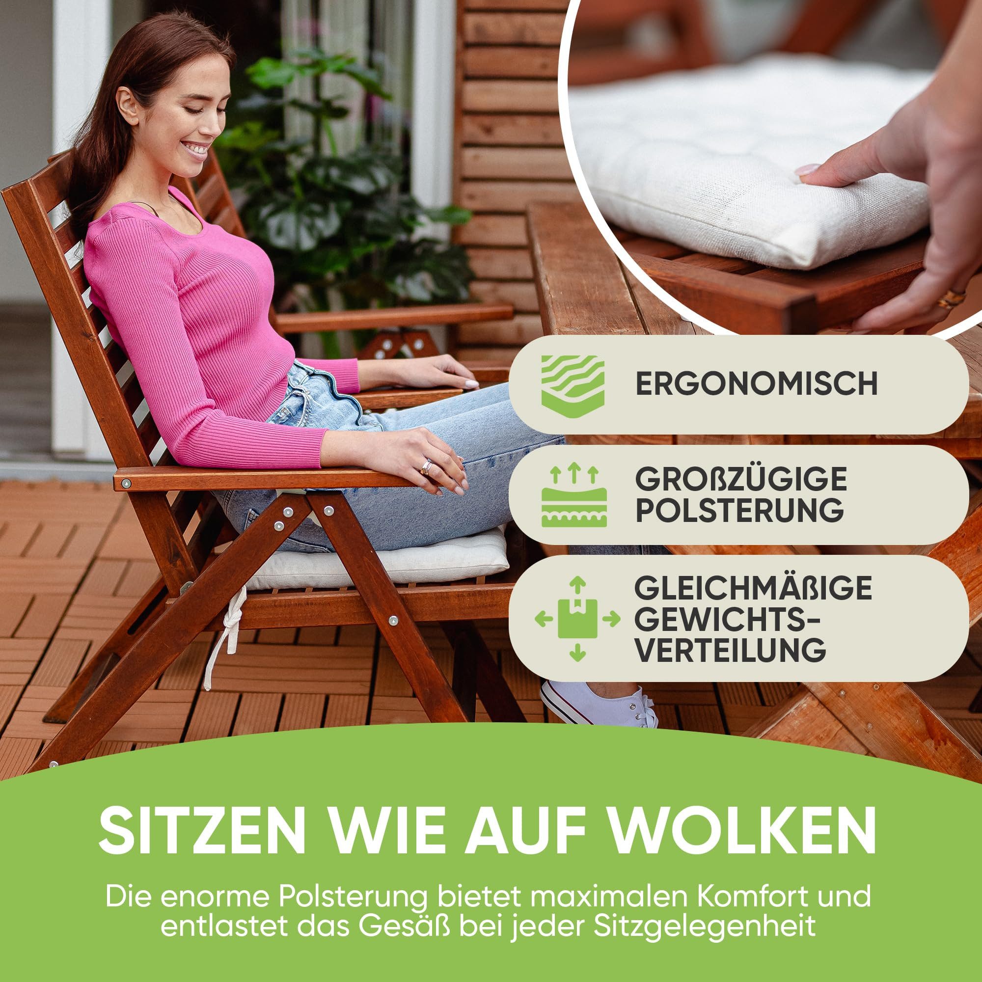 Gräfenstayn Stuhlkissen 4er-Set in 40x40cm und 5cm dicker Polsterung aus 100% Baumwolle, robustes Sitzkissen für Indoor & Outdoor, mit Haltebändern