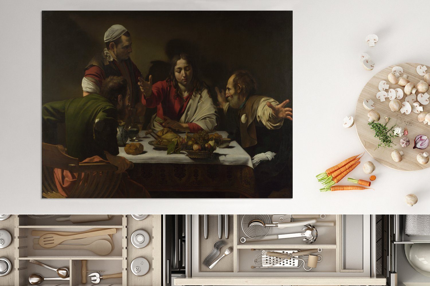 Caravaggio, Herdblende-/Abdeckplatte Ceranfeldabdeckung von Vinyl, cm, nutzbar, in Abendmahl Emmaus Mobile Gemälde tlg), - Arbeitsfläche MuchoWow (1 70x52