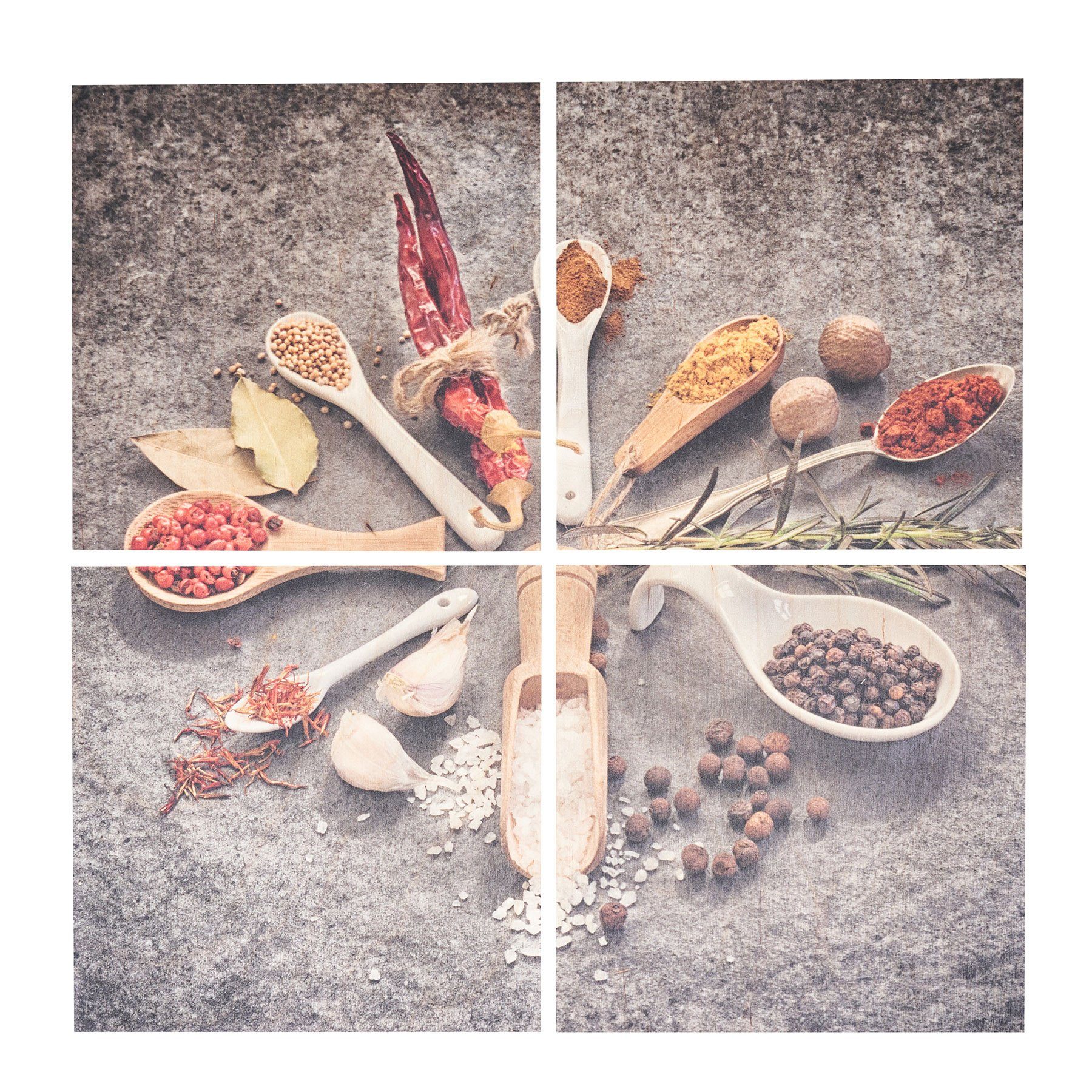 Levandeo® Wandbild, 4er Set Wandbild 40x40cm Holz Birkenholz Gewürze Löffel Küche Deko