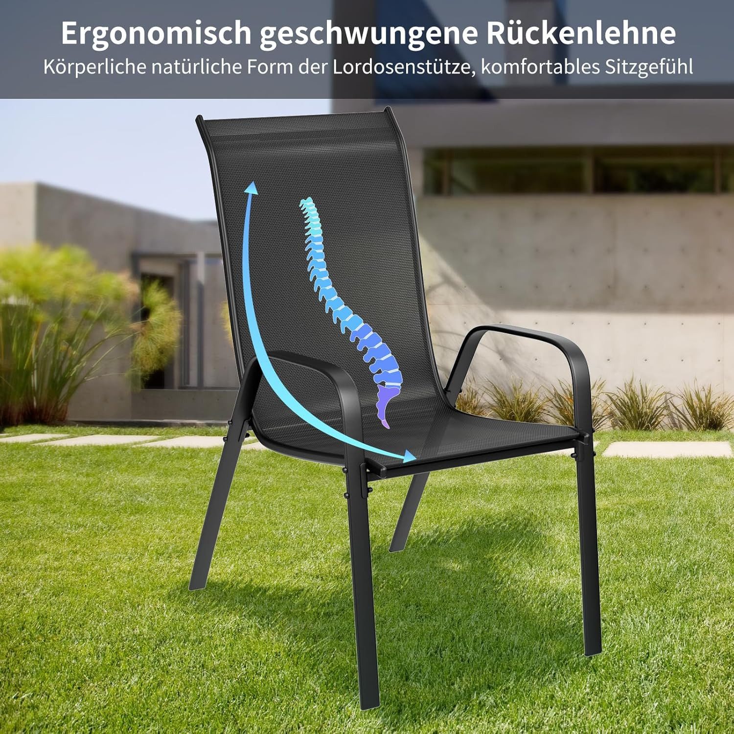 TLGREEN Stapelstuhl Gartenstühle Stapelstuhl,Camping Stapelbar Hochlehner, (Terrassenstuhl Textilene Stahlgestell für Gärten Innenhöfe Balkone Restaurants, 6 St – Bild 5 von 5