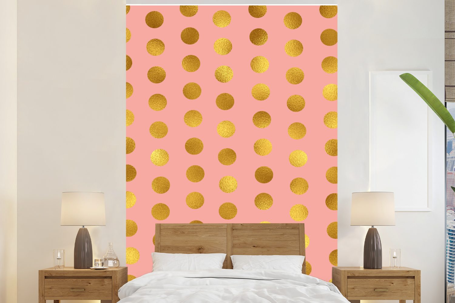 bedruckt, Montagefertig Muster Polka - - Tapete Gold Rosa MuchoWow Wohnzimmer, (3 Fototapete Wandtapete - dots, Matt, Vinyl für St),