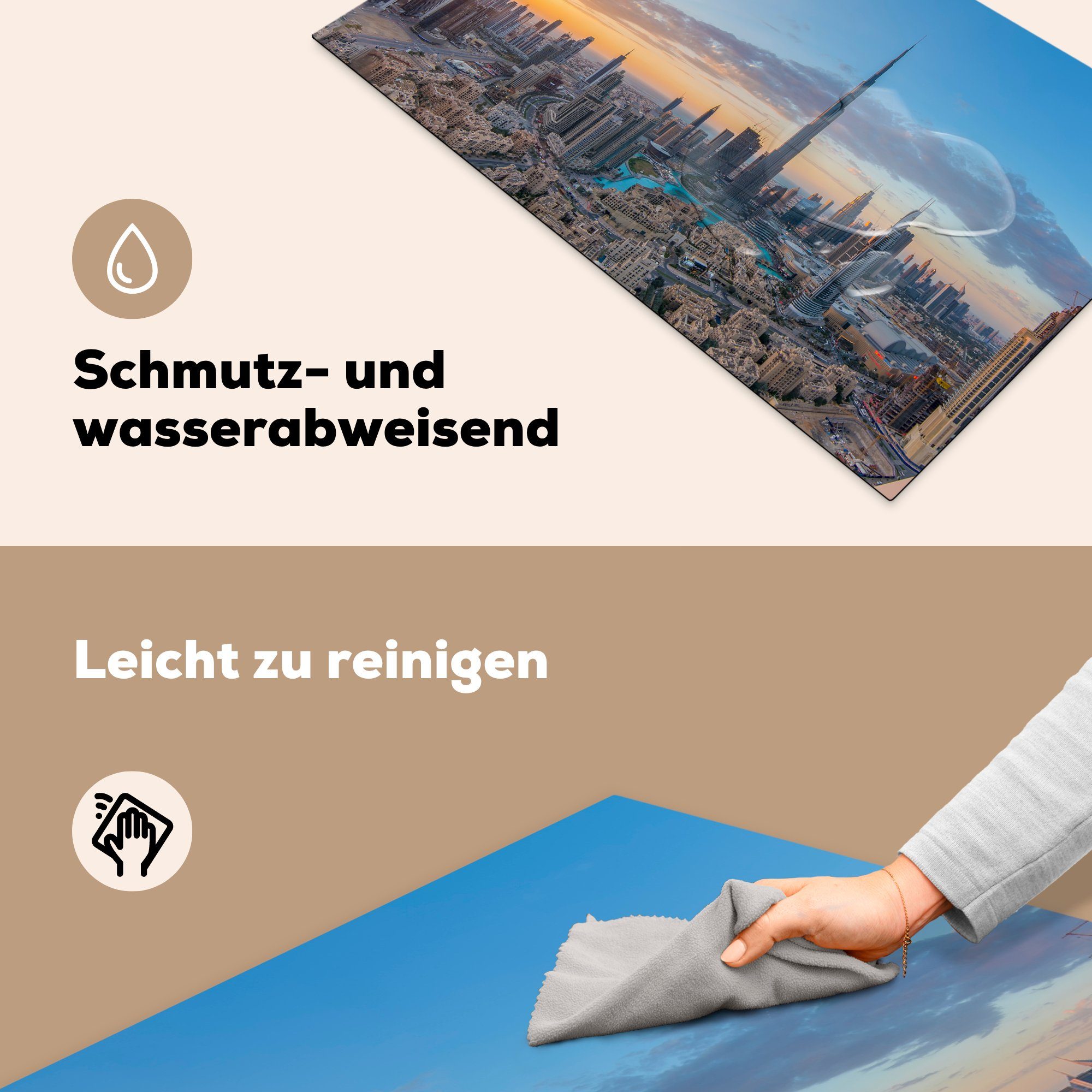 über Burj der Himmel Herdblende-/Abdeckplatte Bunter Khalifa, cm, Vinyl, Dubai tlg), Arbeitsplatte MuchoWow Ceranfeldabdeckung, küche und 83x51 für (1