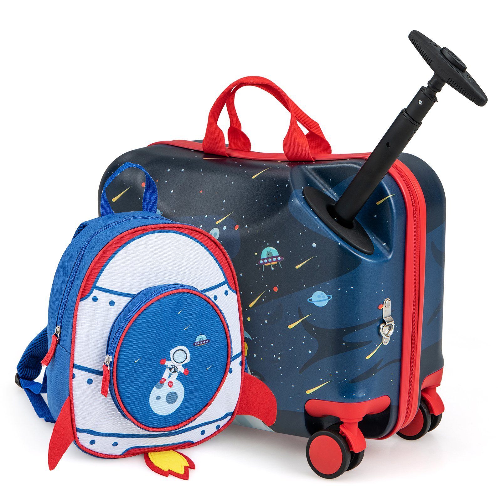 COSTWAY Kinderkoffer 12"+18" Kindertrolley, zum sitzen, mit 4 Rollen & Rucksack