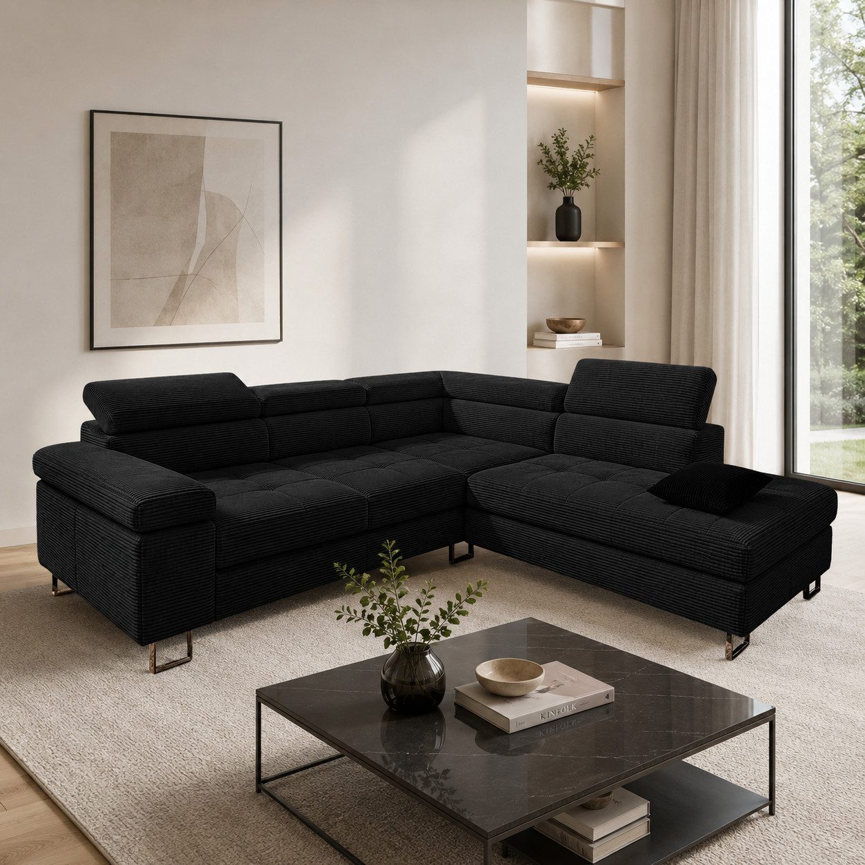Goldstoff Ecksofa mit Schlaffunktion, Cord Couch für Wohnzimmer - Cord Ecksofa, Cord Sofa VOYAGE 2 Teile, Großer Bettkasten