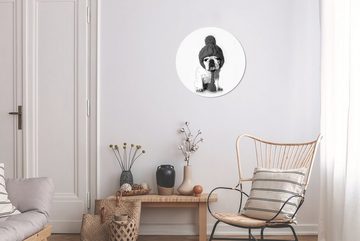 MuchoWow Gemälde Französische Bulldogge mit Wollmütze - schwarz und weiß, (1 St), Kreis Wanddekoration Forex, Rundes Wandbild, Wohnzimmer, 30x30 cm