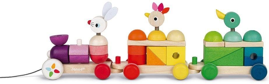 Kaloo Spielzeug-Eisenbahn Holzspielzeug, FSC®- Nachziehzug Zigolos und groß, Wald weltweit Hase, schützt Ente - Huhn