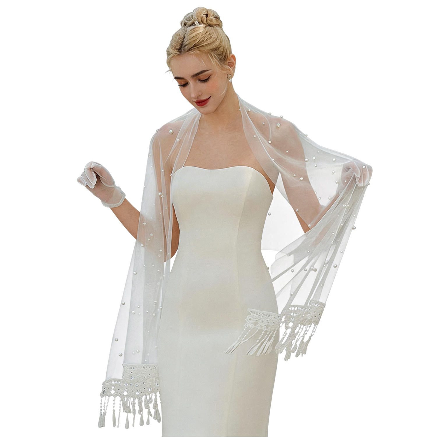 Refttenw Poncho Hochzeitsschal,Spitzenschal,Hochzeitsaccessoires,Stola,mit Quasten