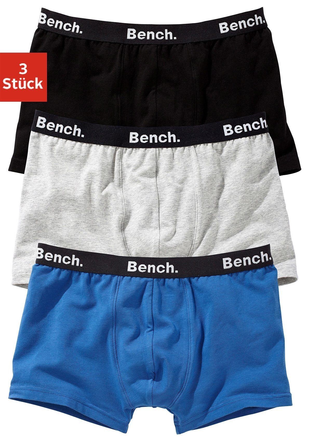 Bench. mit grau-meliert, Logo-Webbund 3-St) Boxer schwarz, (Packung, blau