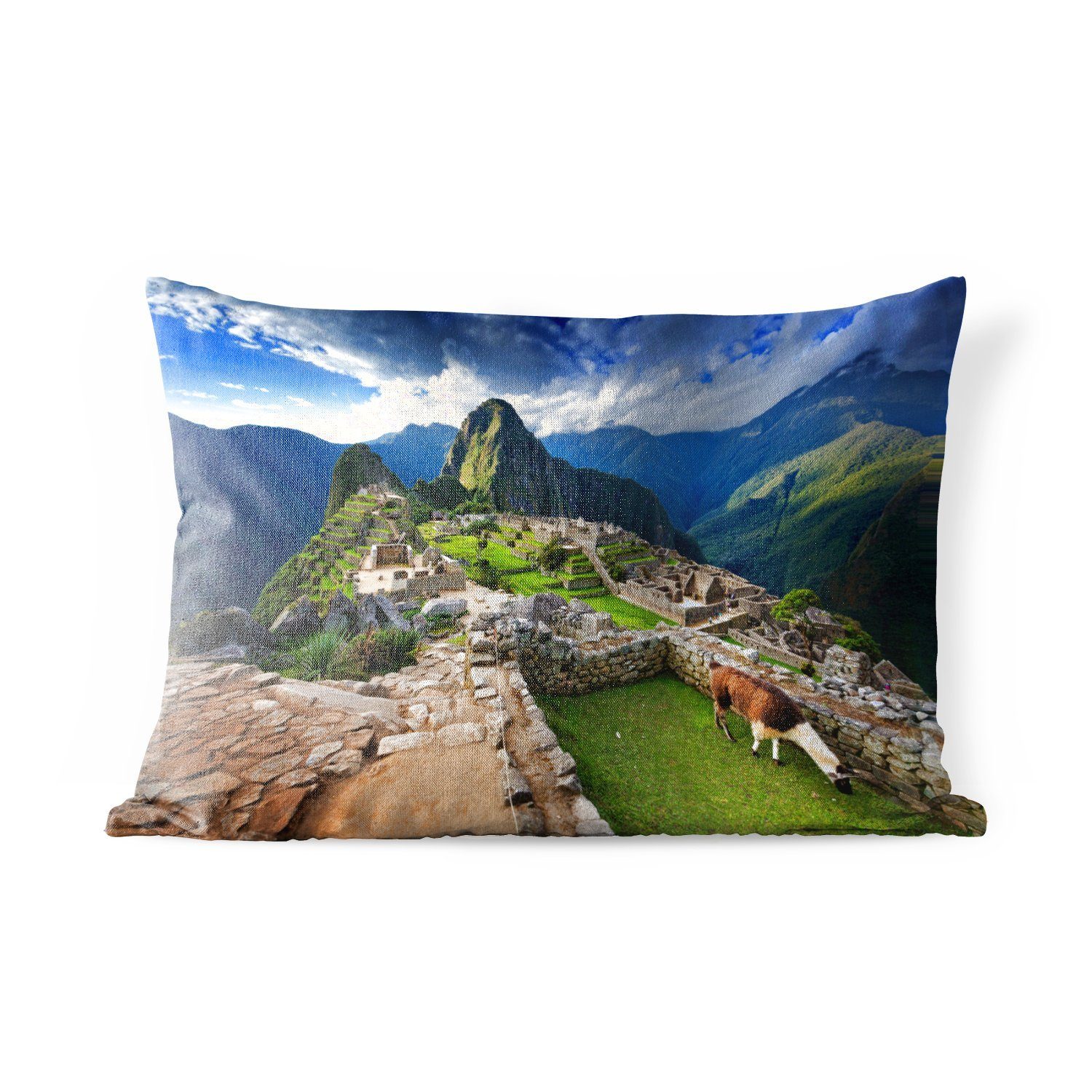 MuchoWow Dekokissen Lama - Machu Picchu - Gras, Outdoor-Dekorationskissen, Polyester, Dekokissenbezug, Kissenhülle
